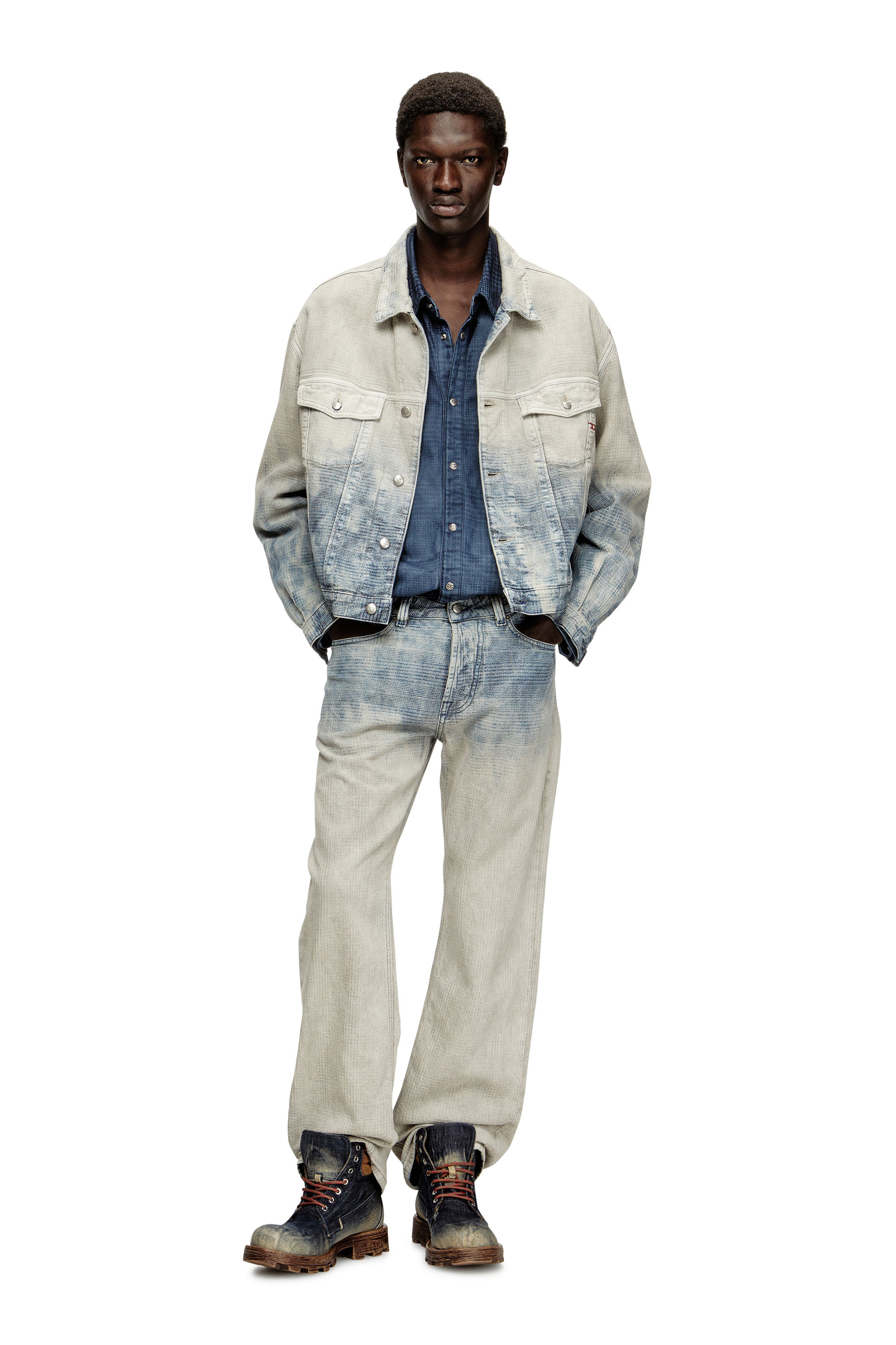 Diesel - D-RANGER, Unisex Trucker-Jacke aus Prince-of-Wales-Jacquard-Denim in Grau/Blau - 2