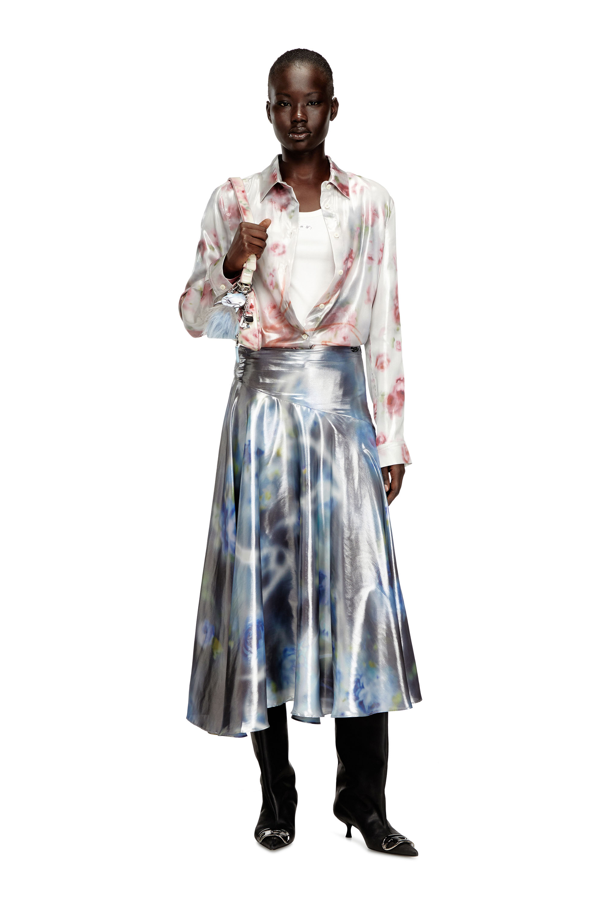 Diesel - C-RONOR-S2, Damen Metallisches Hemd mit verschwommenem Rosenmuster in Rosa/Weiss - 2