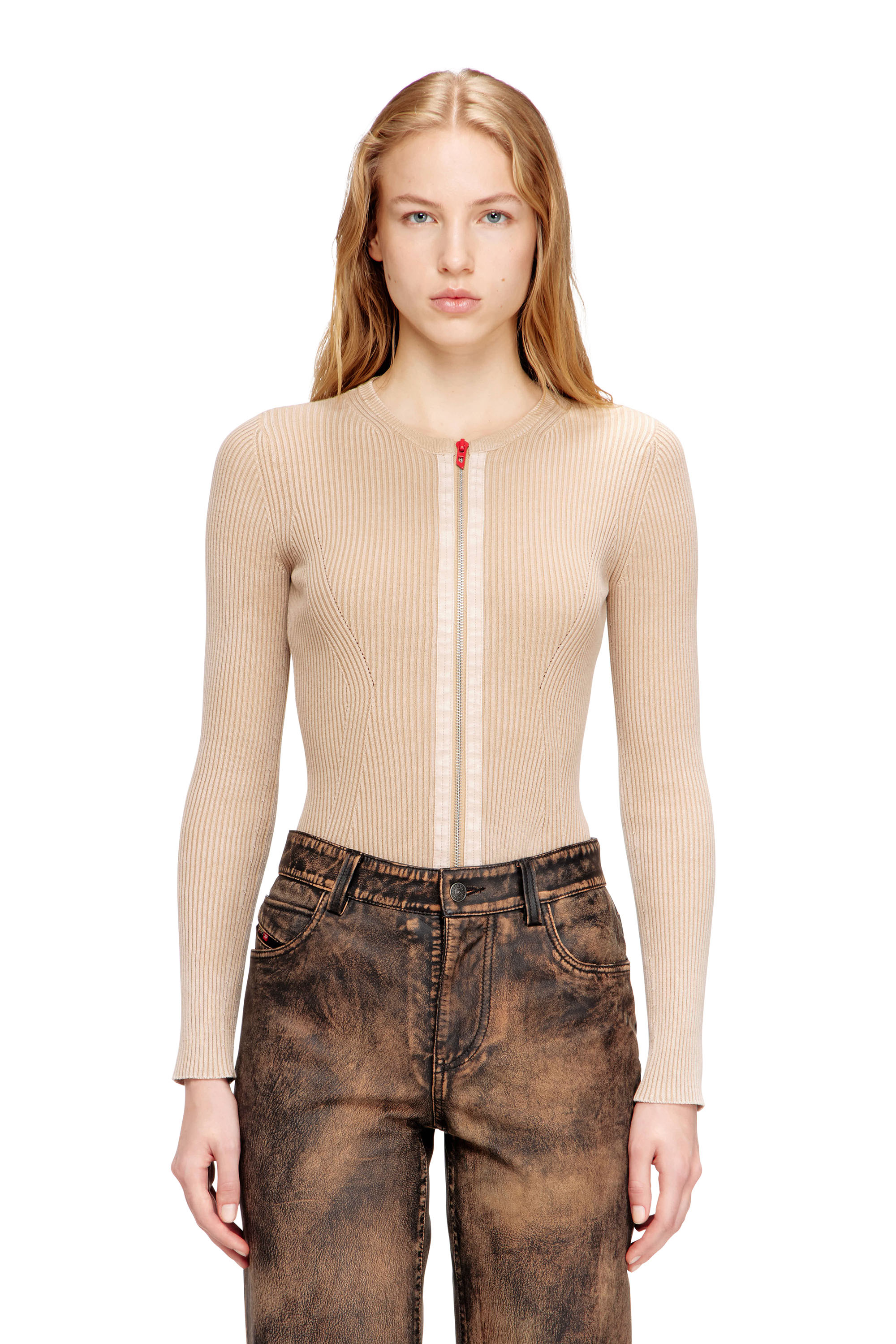 Diesel - M-GILDE, Damen Rei&szlig;verschluss-Cardigan aus gerippter Baumwolle in Beige - 3