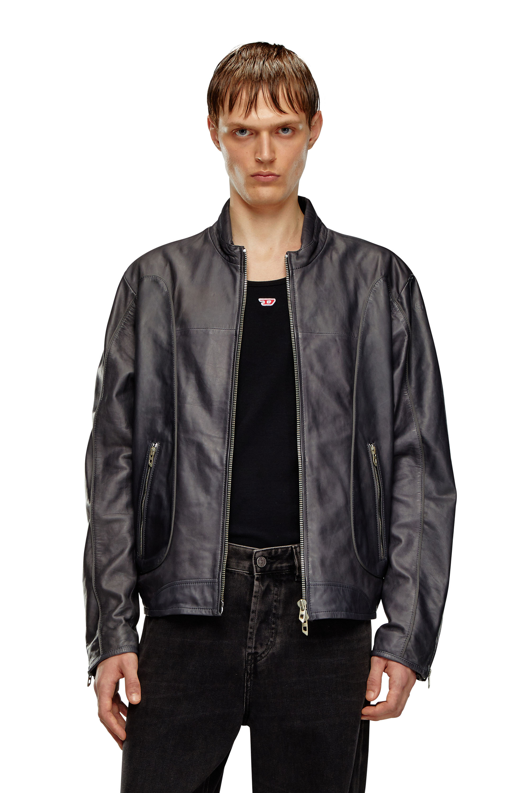Diesel - L-KRIX, Herren Bikerjacke aus Leder mit Paspeln in Schwarz - 3