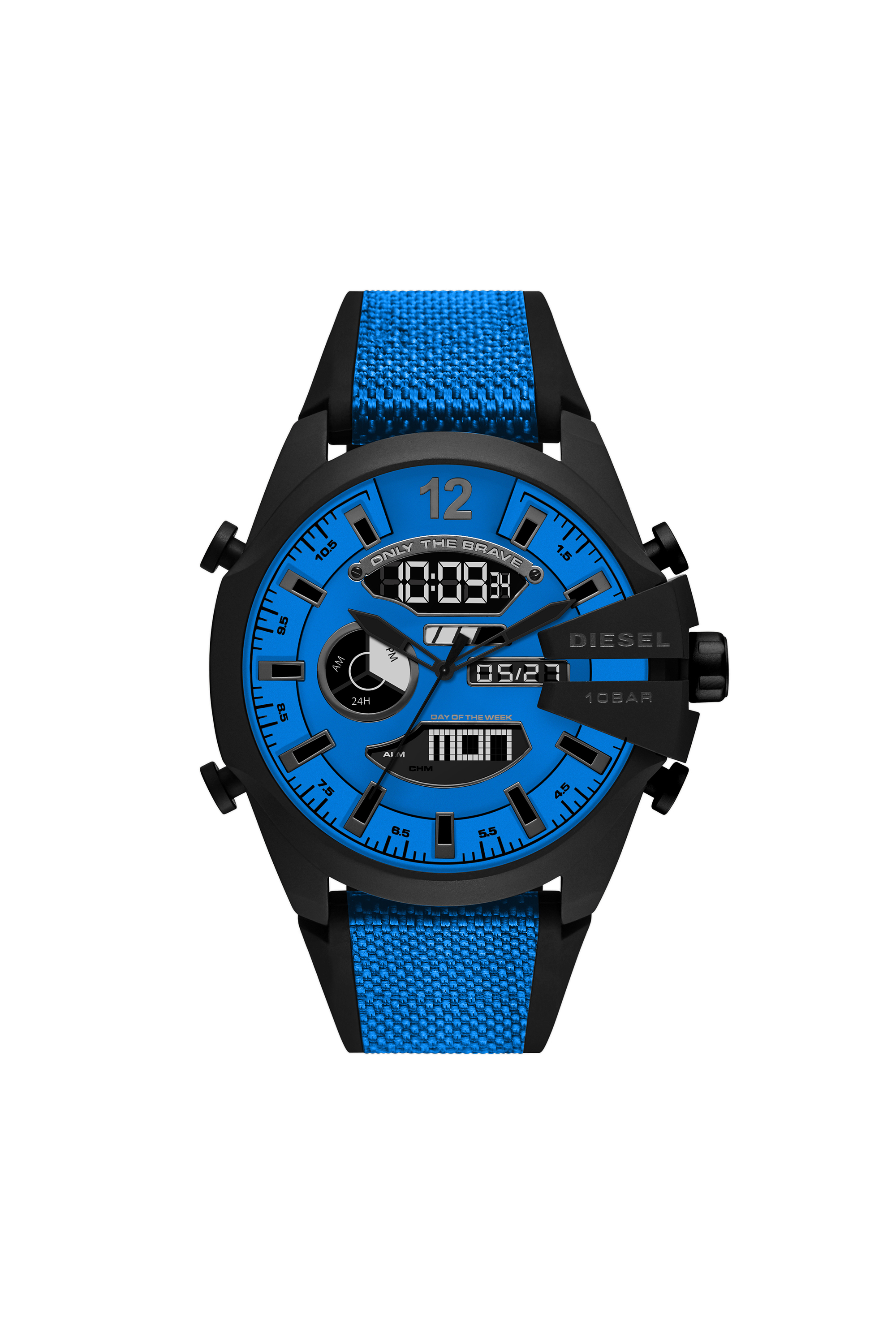 Diesel - DZ4550, Herren Mega Chief-Armbanduhr mit Analog-Digital-Uhrwerk und blauem Armband aus Nylon und Silikon in Blau - 1
