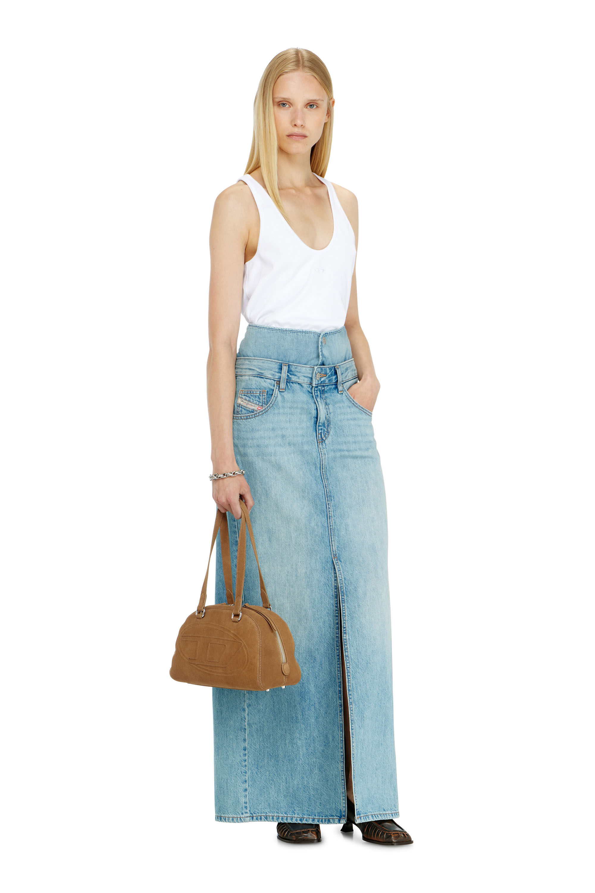 Diesel - DE-SPIVEY, Damen Jeans-Illusion Denim-Maxirock mit Schlitzen in Hellblau - 1