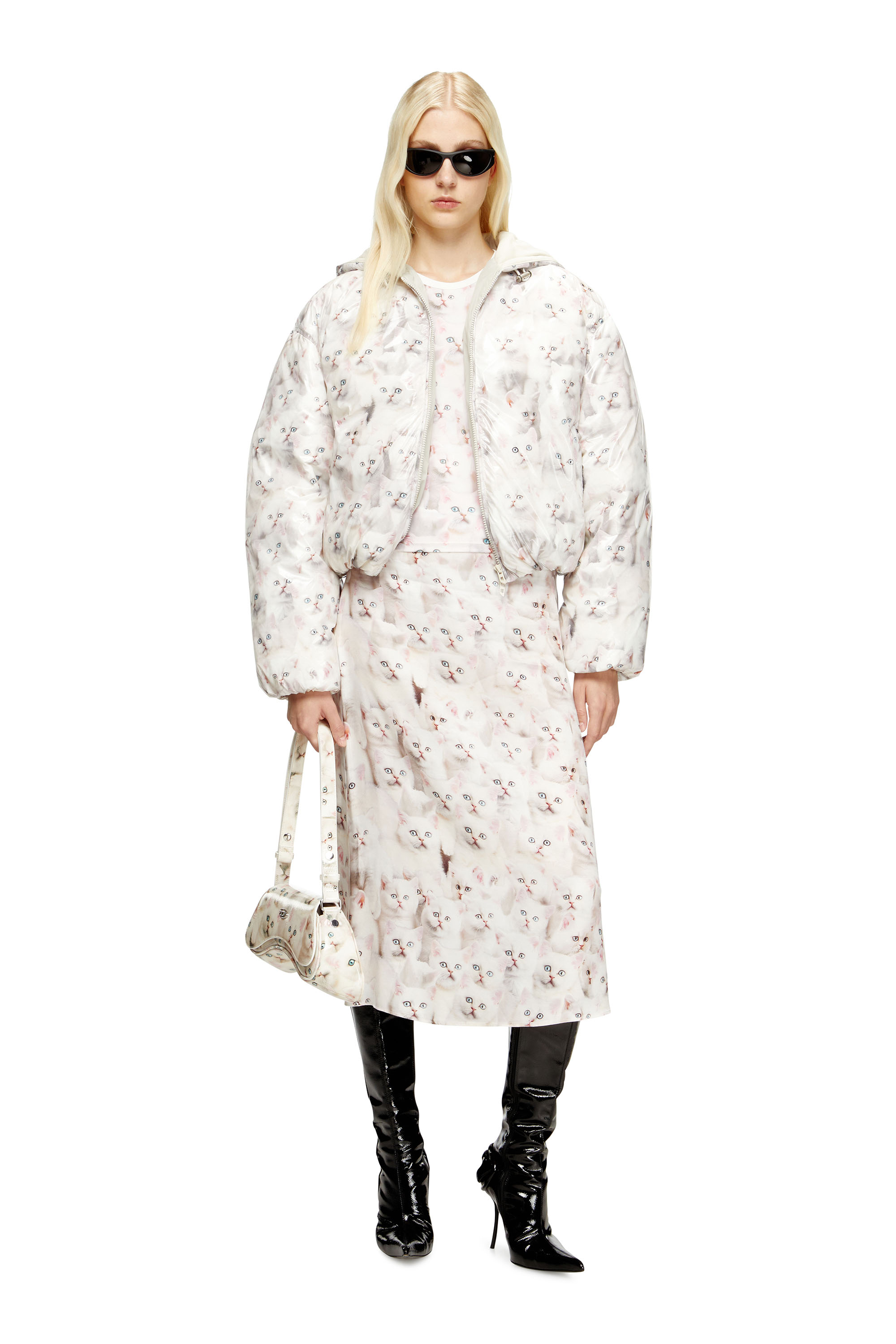 Diesel - W-INNER-R1, Damen Wattierte Jacke mit Katzen-Print in Weiß - 2