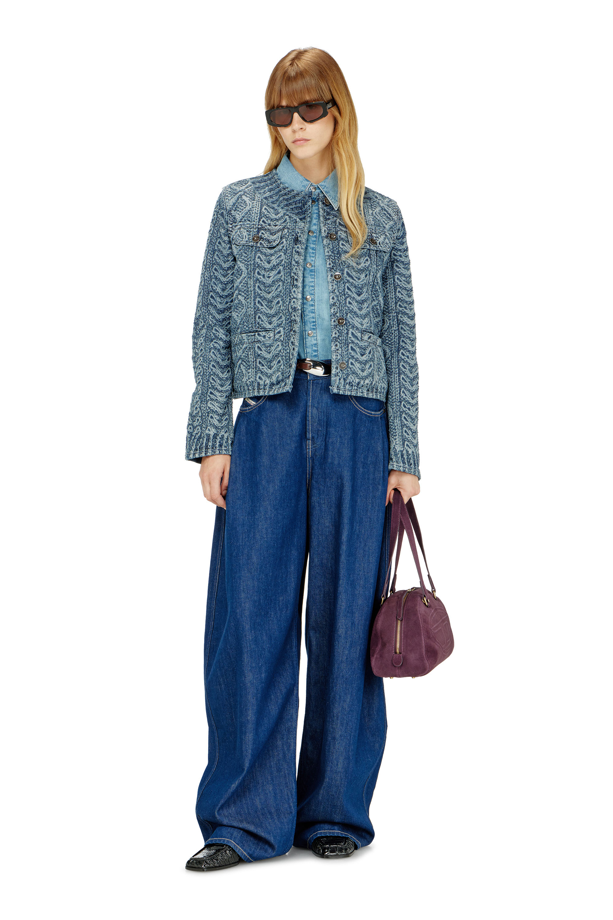 Diesel - DE-GRAFY-S2, Damen Kragenlose Jacke aus Denim mit Zopfmuster-Effekt in Dunkelblau - 2