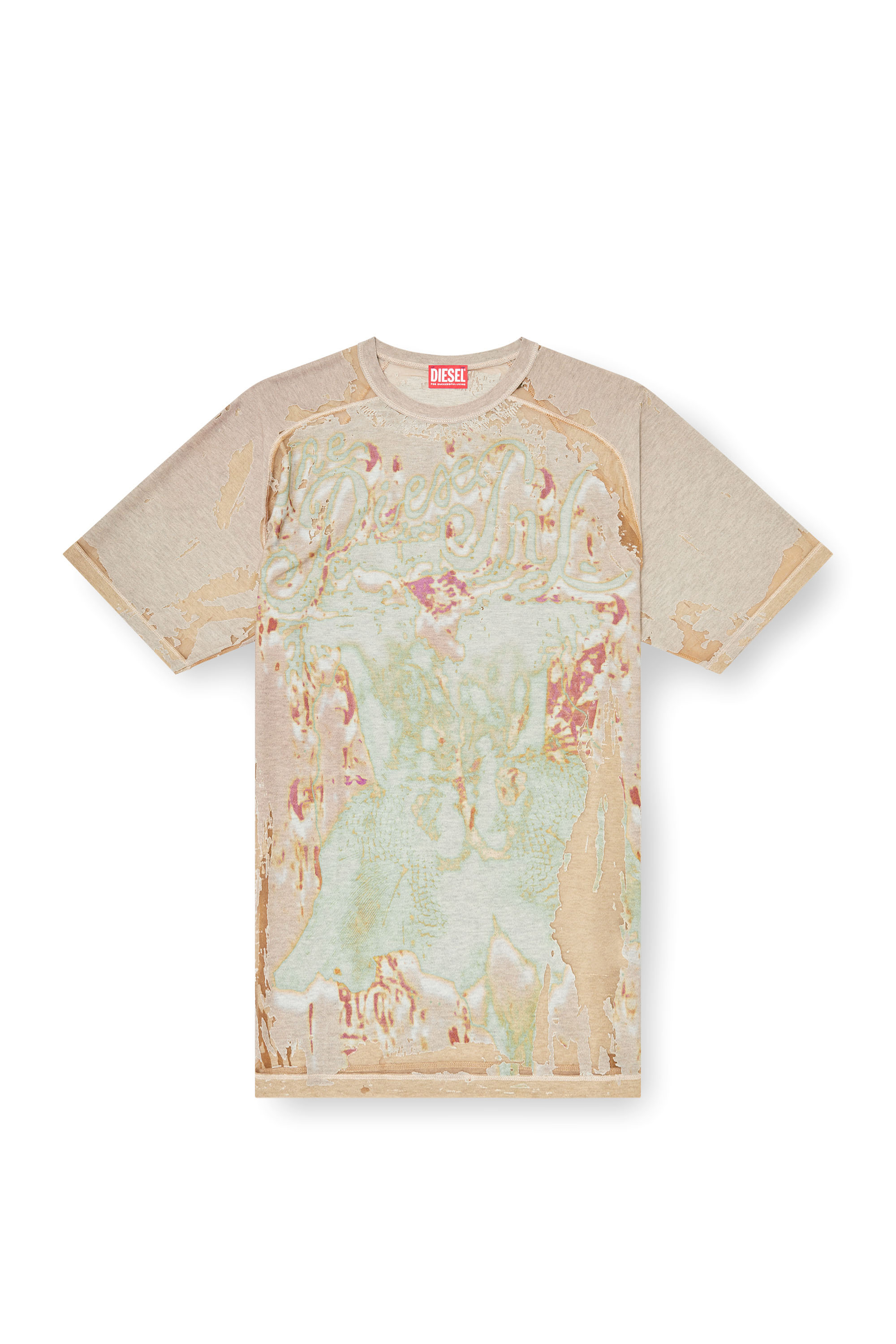 Diesel - T-LIVO, Herren T-Shirt aus bedrucktem Devor&eacute;-Jersey in Hellbraun - 3