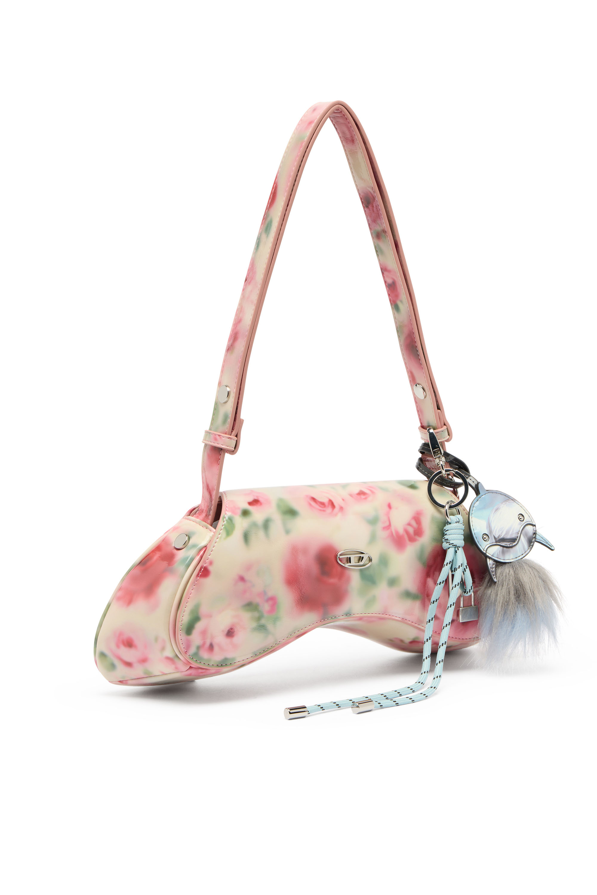 Diesel - PLAY CROSSBODY, Damen Play-Schultertasche mit gl&auml;nzendem PU-Print in Weiss/Rosa - 2