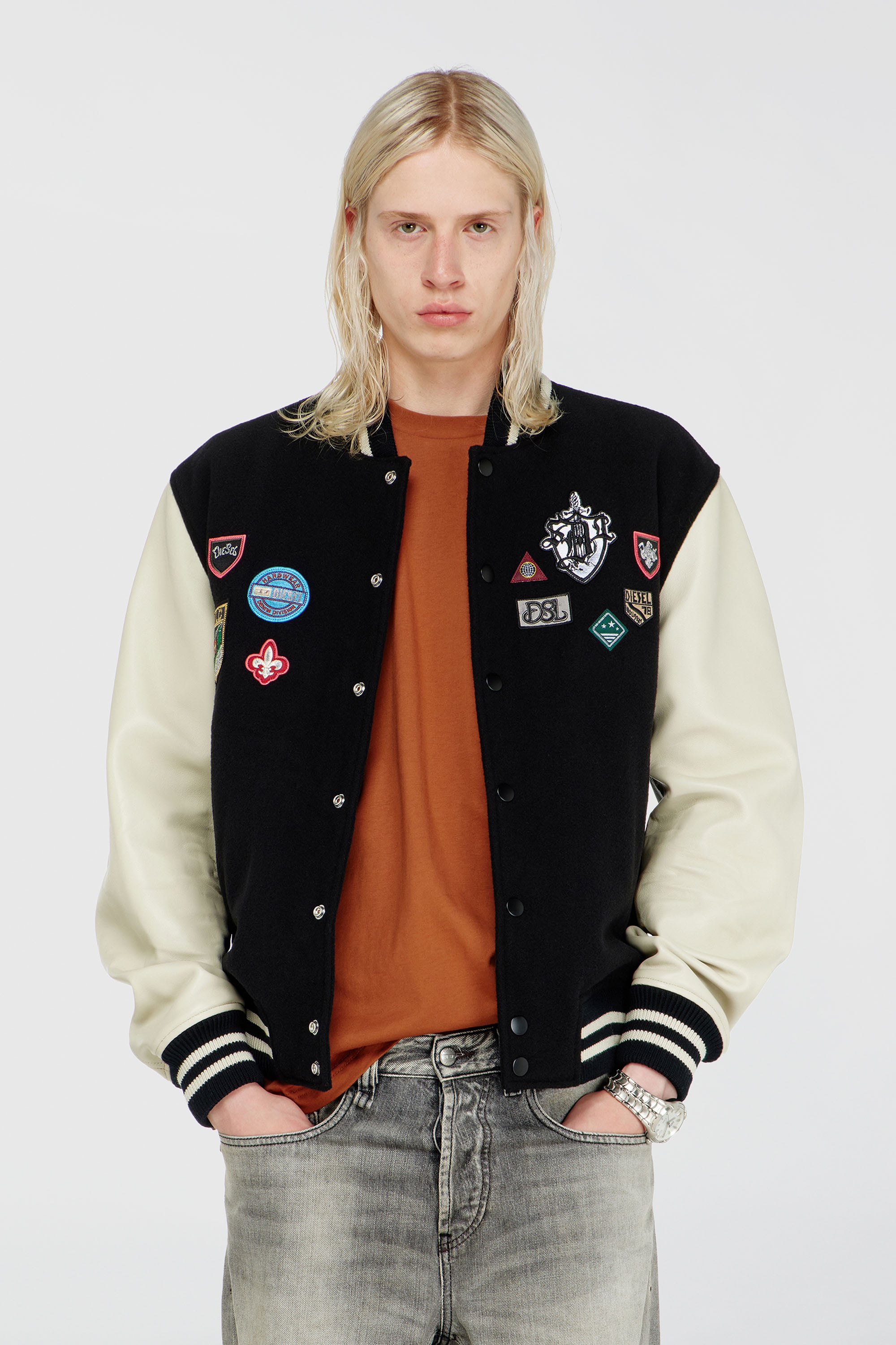 Diesel - L-ARRY-PATCH, Herren Bomberjacke aus Wolle und Leder mit Patches in Weiss/Schwarz - 1