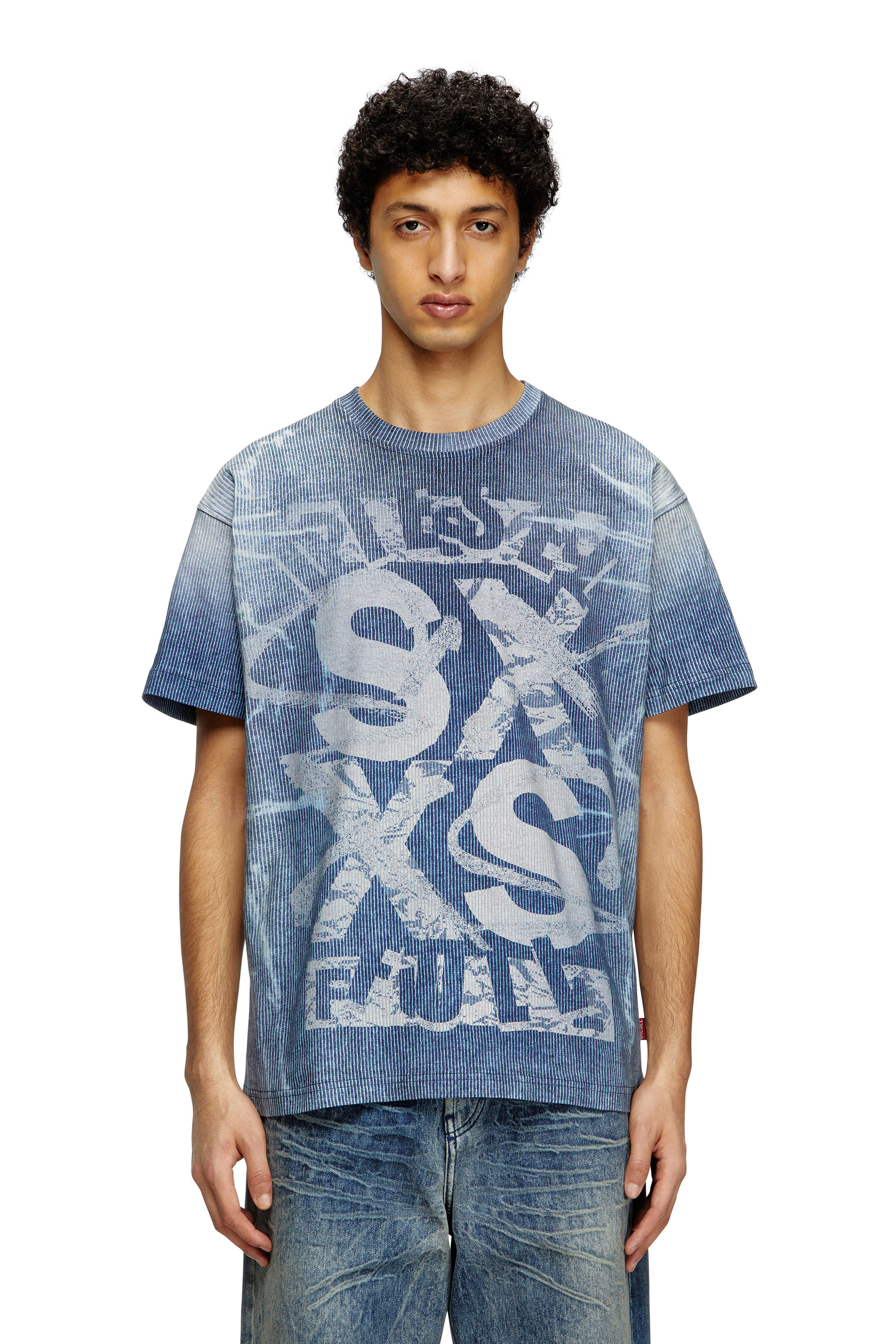 Diesel - T-NORM-R3, Herren T-Shirt mit Rippenstrick-Print in Blau - 1