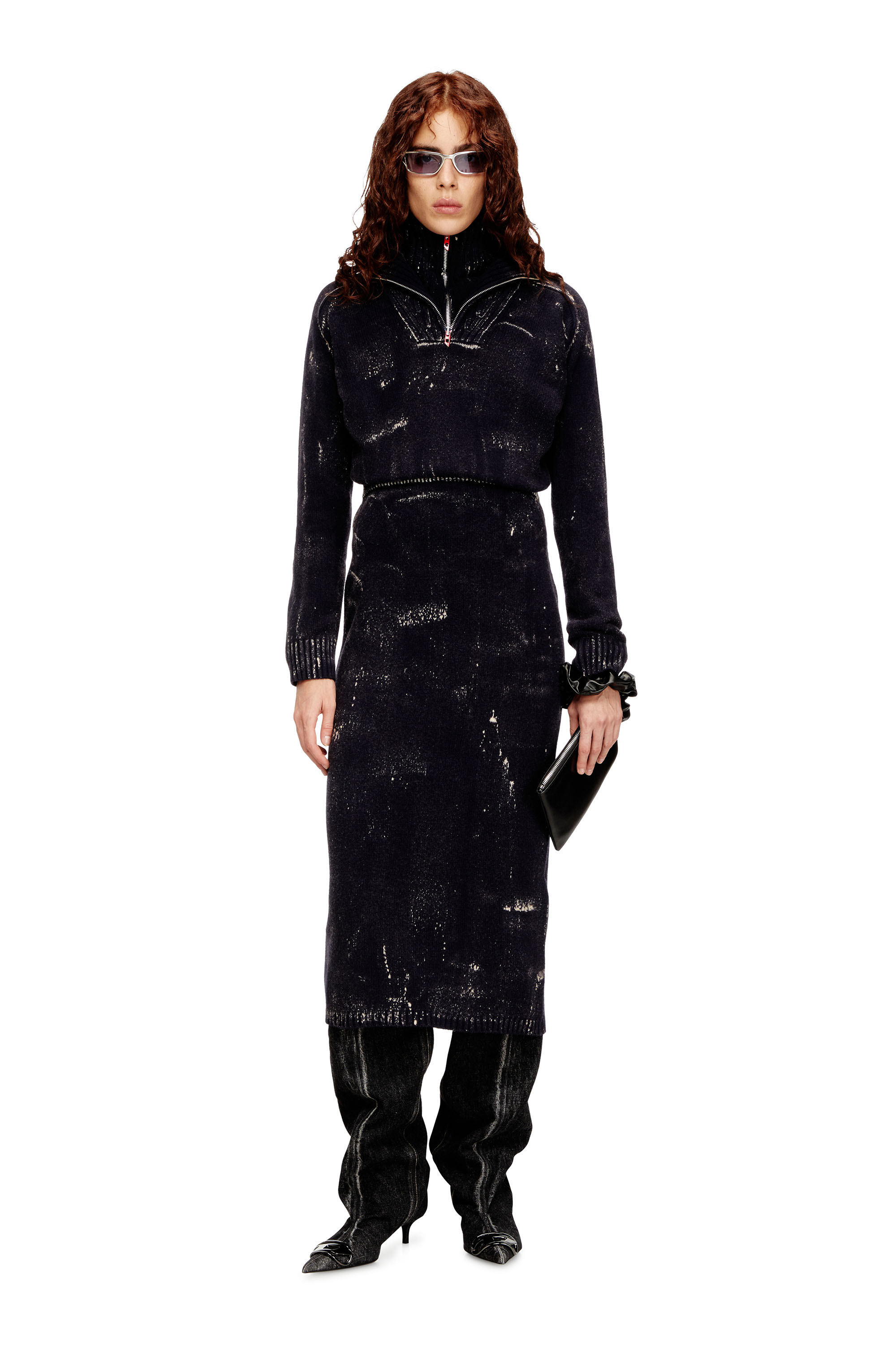 Diesel - M-MARCELLE, Damen Midikleid aus behandeltem Wollmischgewebe-Strick in Schwarz - 1