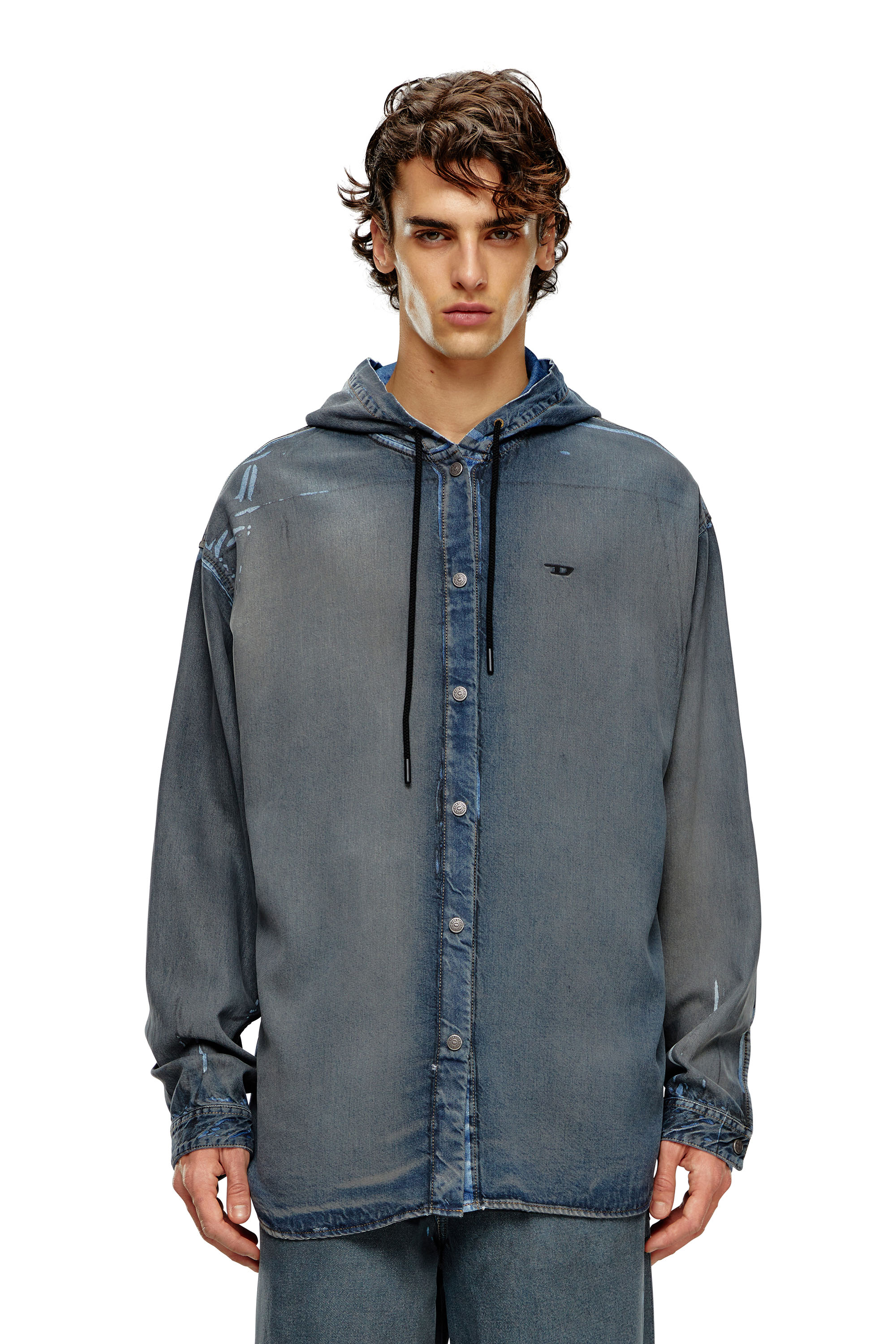Diesel - D-DEWNY-HOOD-S1, Herren Hybridshirt aus beschichtetem vielgetragenem Denim in Dunkelblau - 6