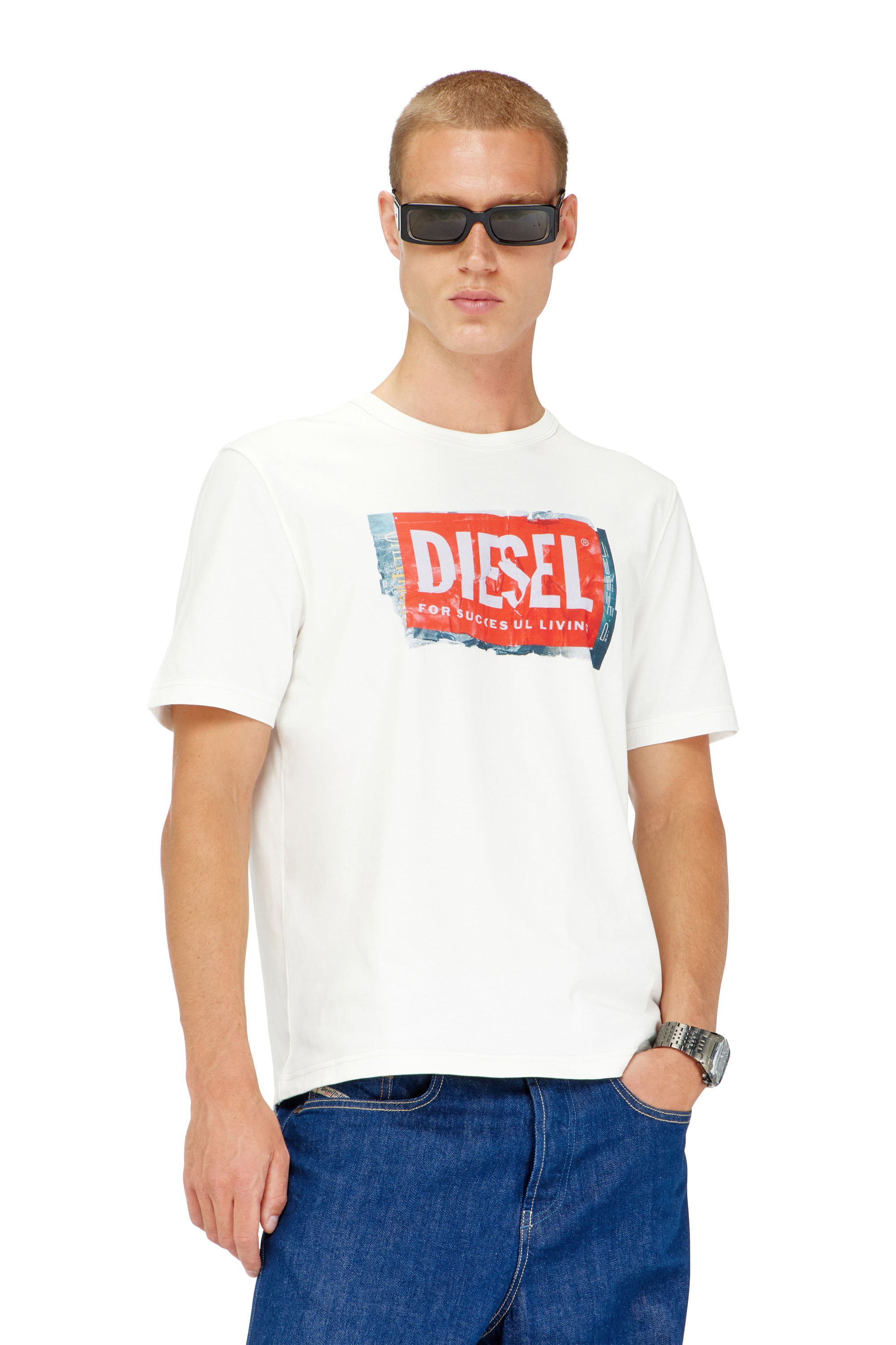 Diesel - T-ADJUST-Q6, Herren T-Shirt mit Logo in Knitter-Optik in Wei&szlig; - 1