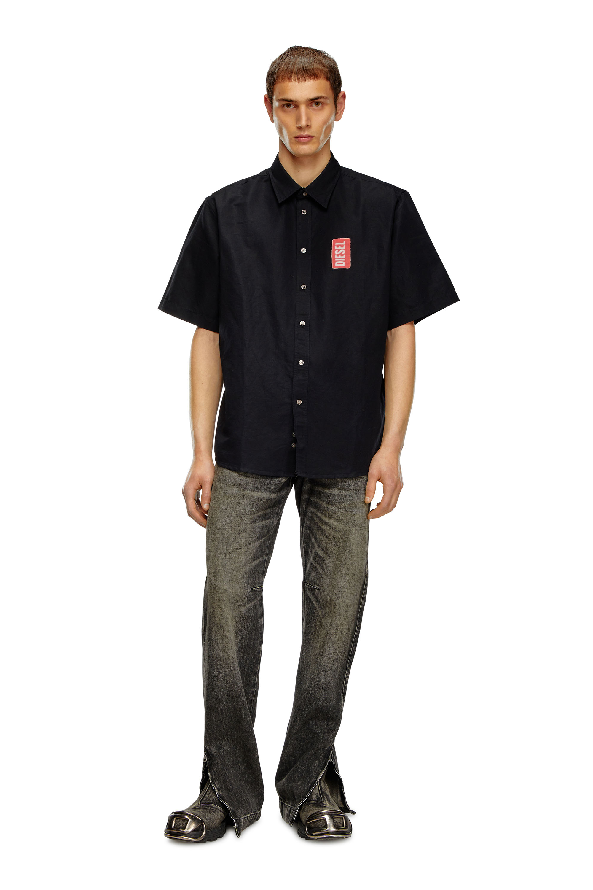 Diesel - S-ELIAS-A, Man Printed linen-blend short-sleeve shirt in Black - Image 2