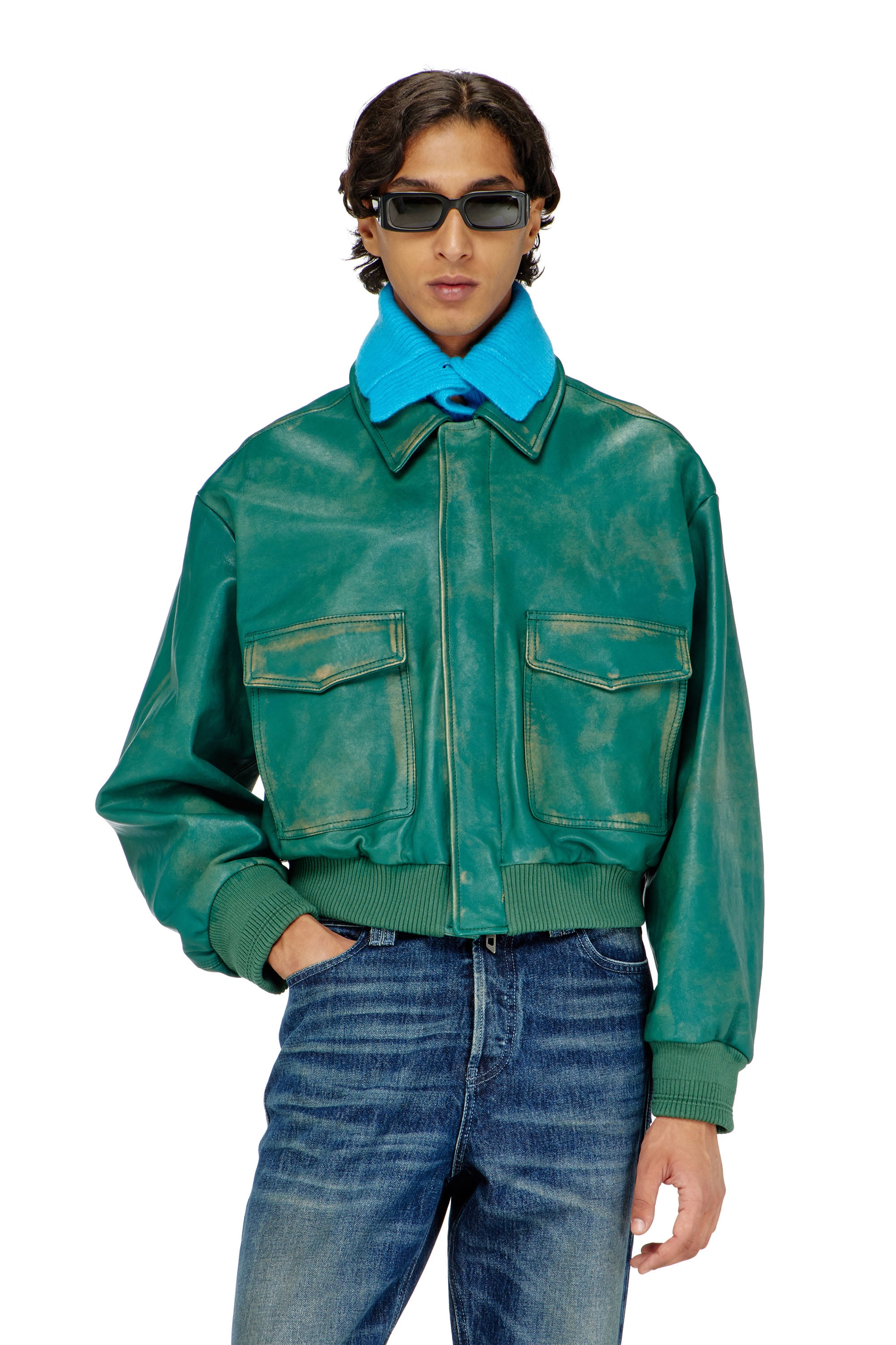 Diesel - L-UMAN, Herren Aviator-Jacke aus behandeltem Leder in Gr&uuml;n - 1