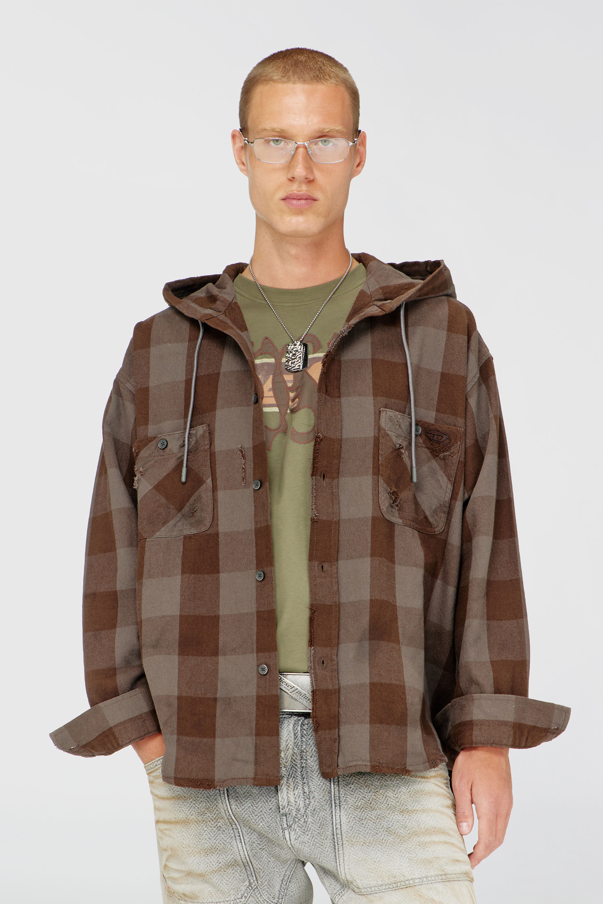Diesel - S-DRUM-HOODY, Herren Kapuzenshirt aus distressed kariertem Flanell in Braun - 1
