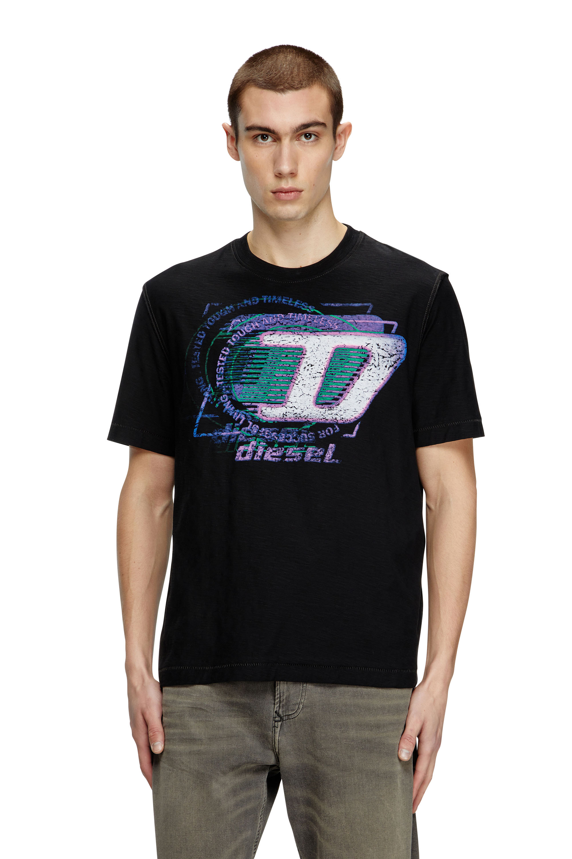 Diesel - T-ADJUST-R11, Herren T-Shirt aus grober Baumwolle mit beflocktem Logo in Schwarz - 1