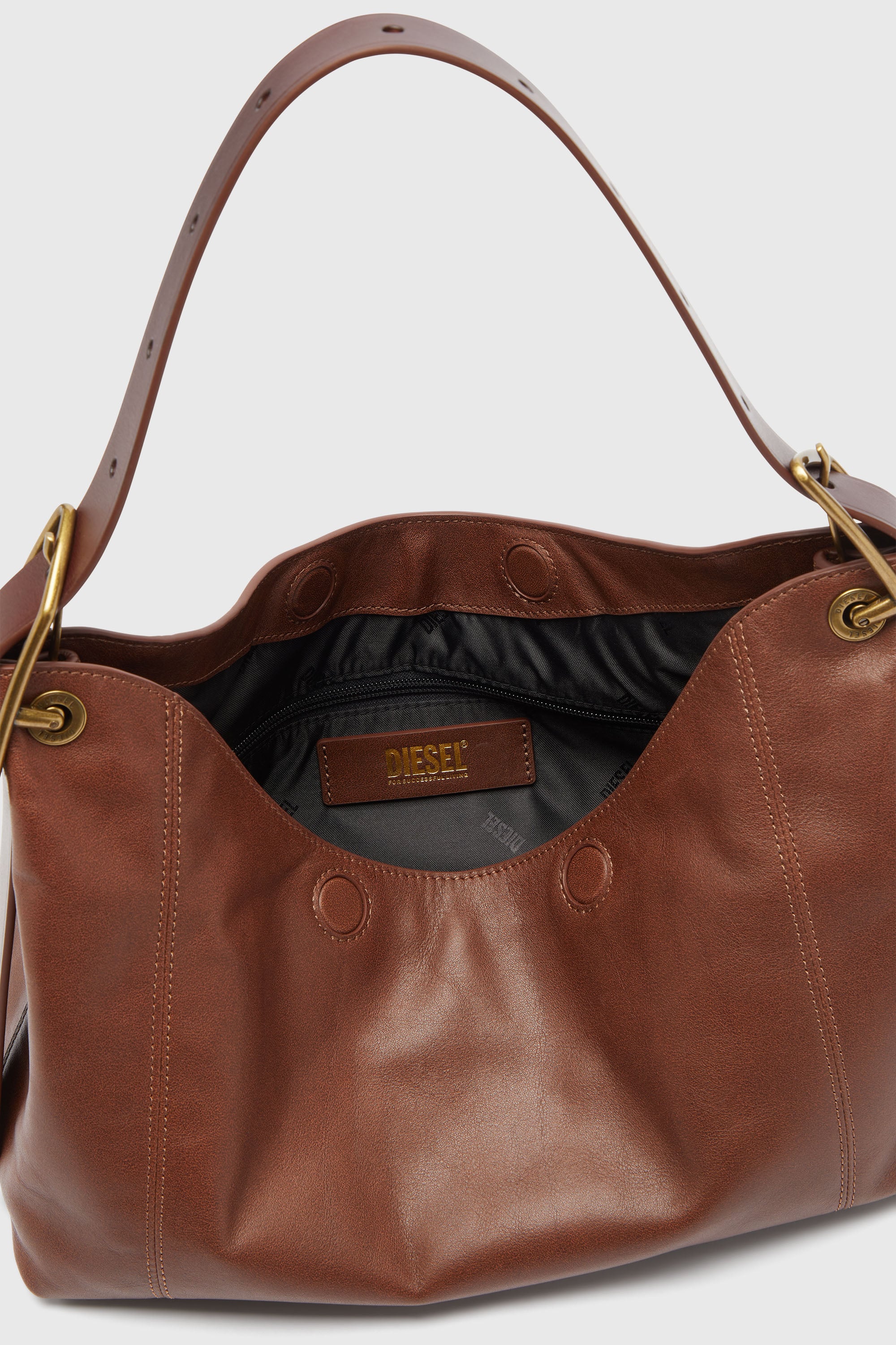 Diesel - D-LINE HOBO S, Damen D-Line Schultertasche aus Leder in Dunkelbraun - 3