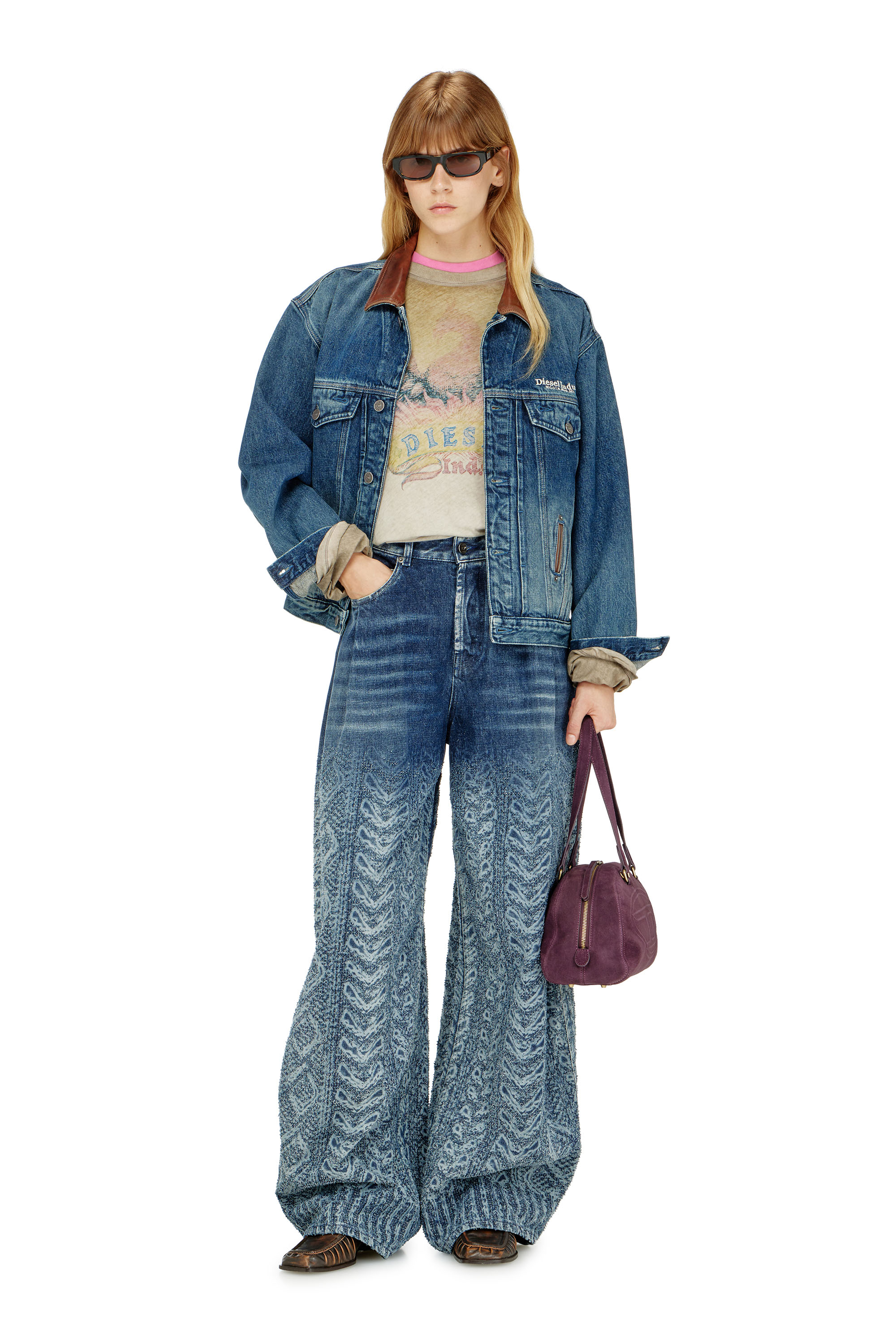 Diesel - D-DENVER-S1, Unisex Jeans-Truckerjacke mit kontrastierenden Lederbes&auml;tzen in Blau - 4