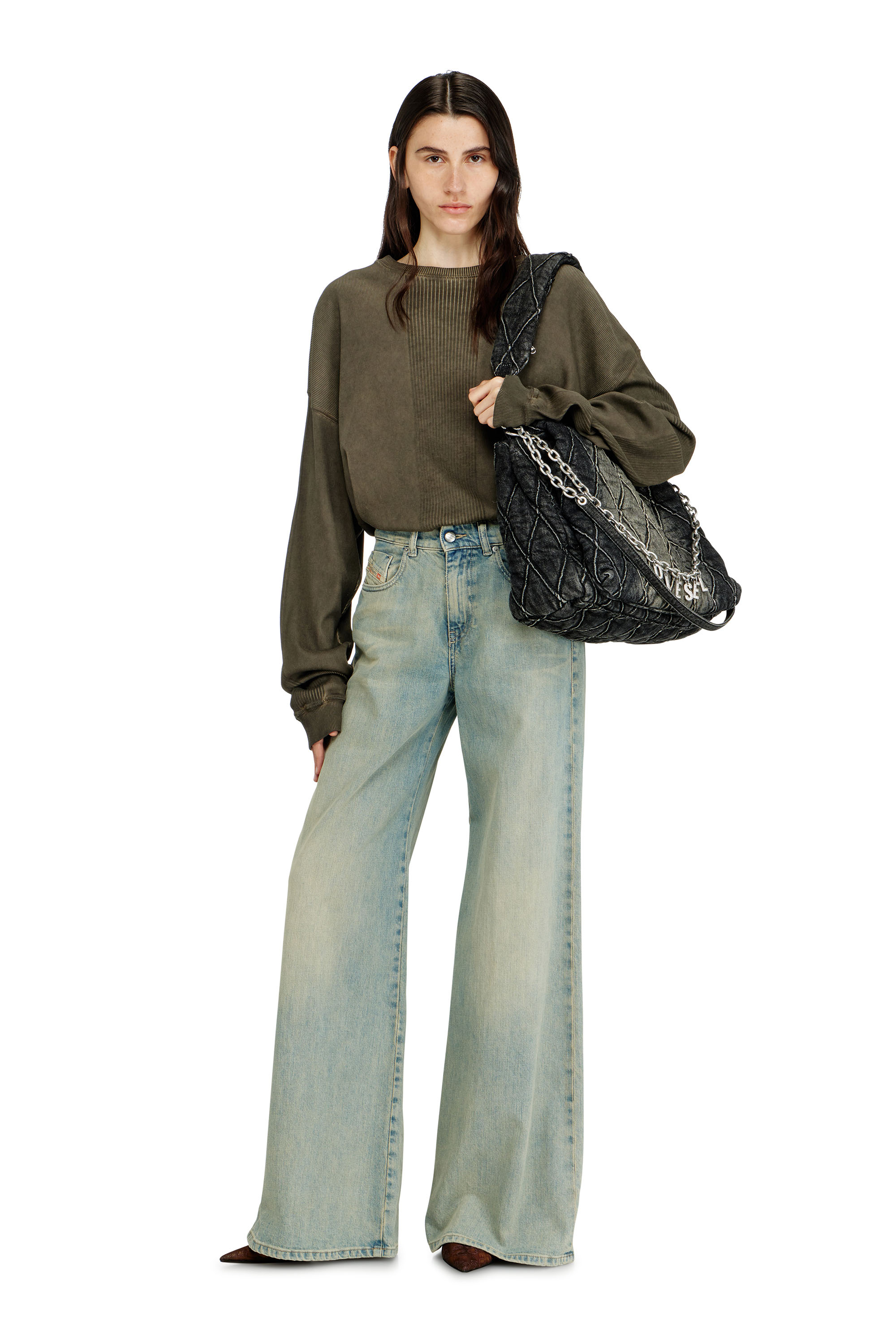 Diesel - CHARM-D SHOULDER L, Damen Charm-D-Gro&szlig;e Schultertasche aus Steppdenim in Schwarz - 2