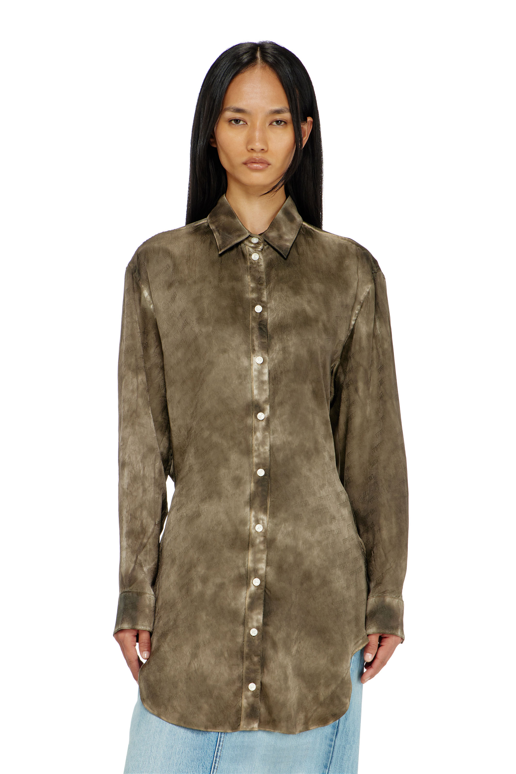 Diesel - C-LAVEL, Damen Langes Hemd aus logo-jacquard-knitter-satin in Armeegr&uuml;n - 4