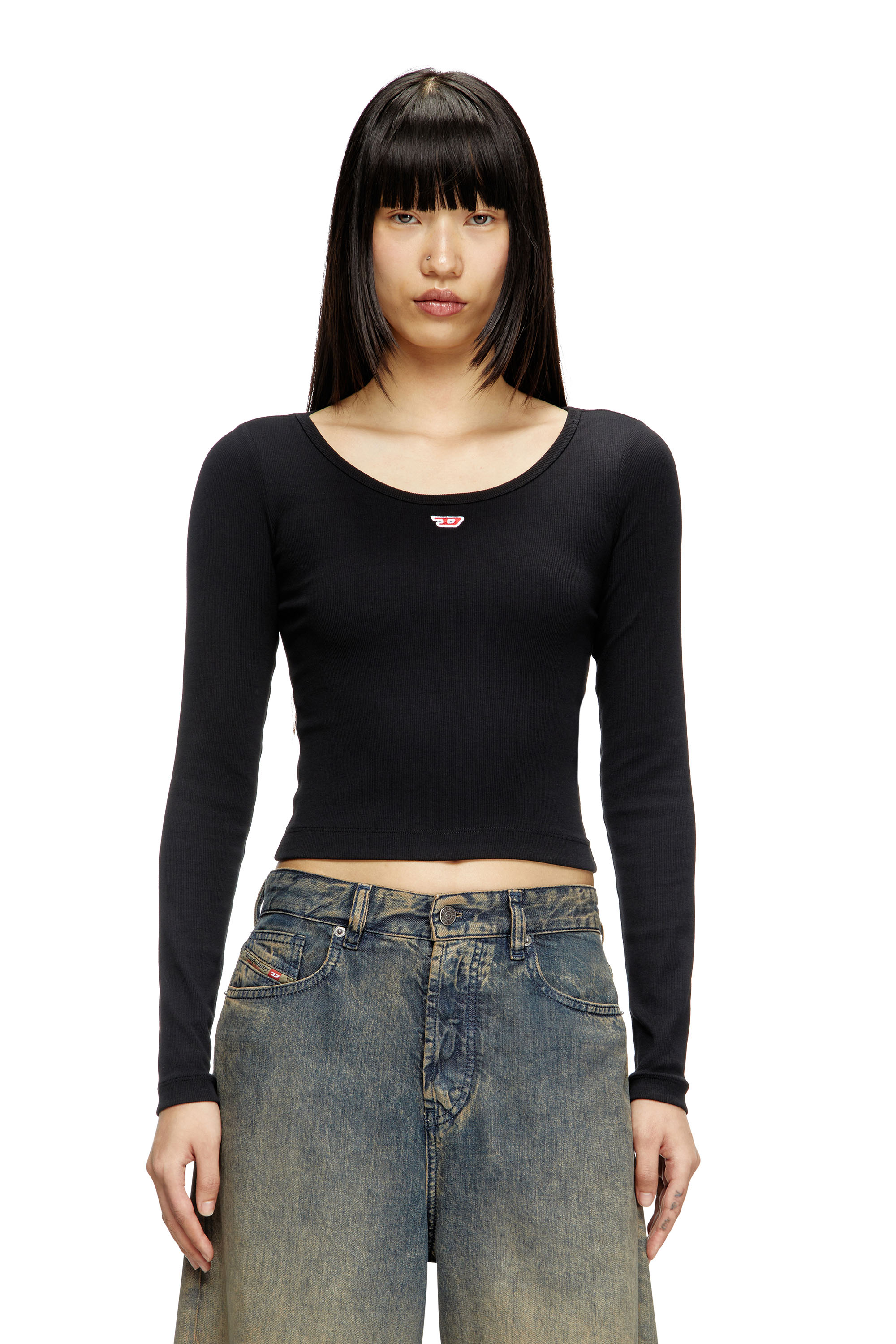 Diesel - T-BALLET-D, Damen Langarm-Top mit gesticktem D-Patch in Schwarz - 1