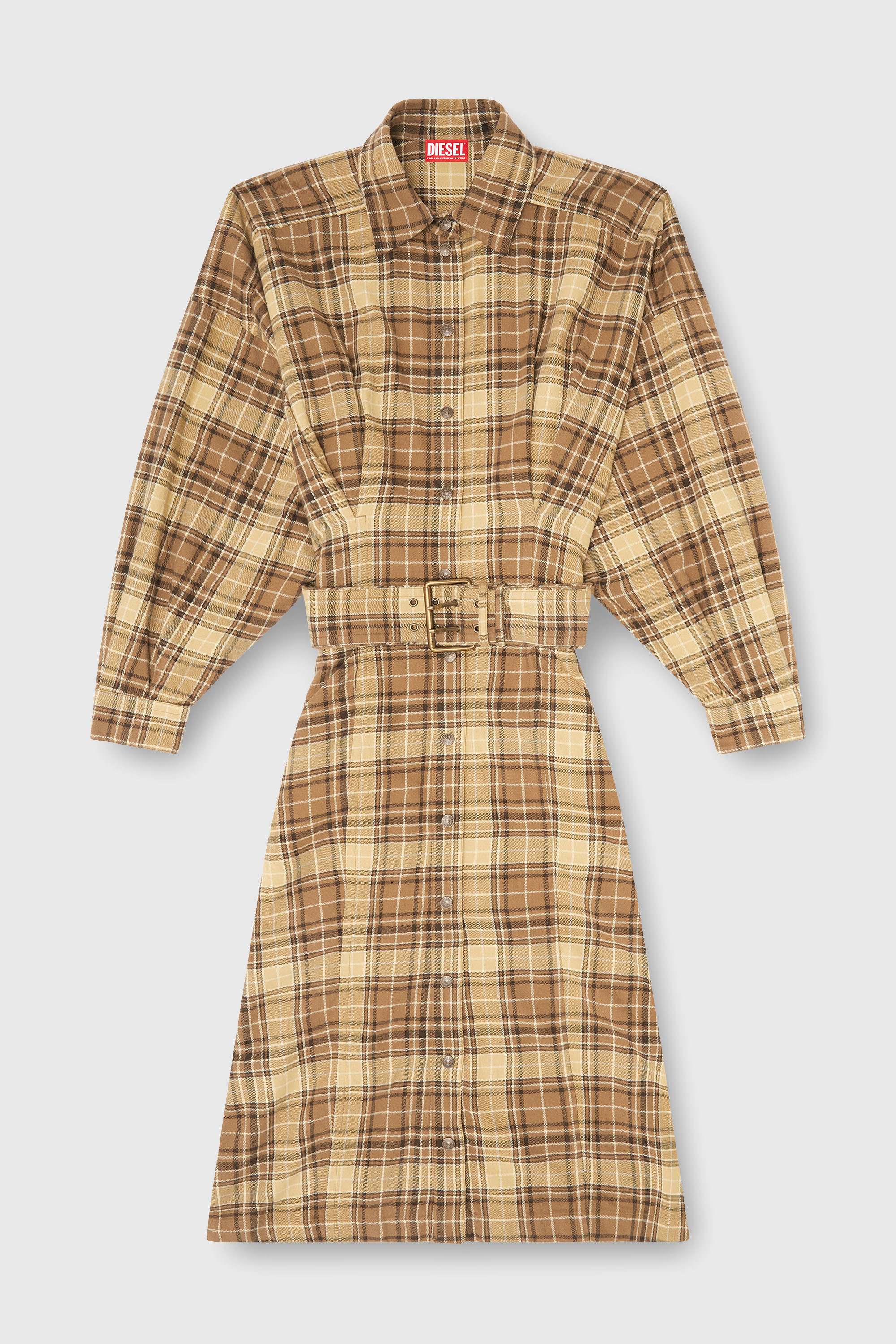 Diesel - D-EDALUS, Damen Midikleid aus kariertem Flanell mit breitem G&uuml;rtel in Braun/Gelb - 1
