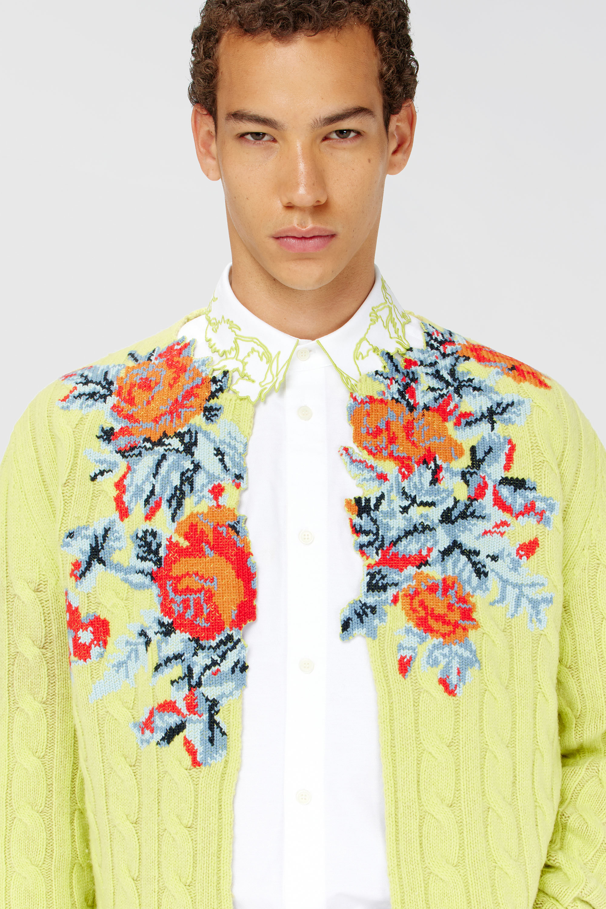 Diesel - K-RINO, Herren Offener Cardigan aus floraler Zopfmusterstrick in Neongelb - 5