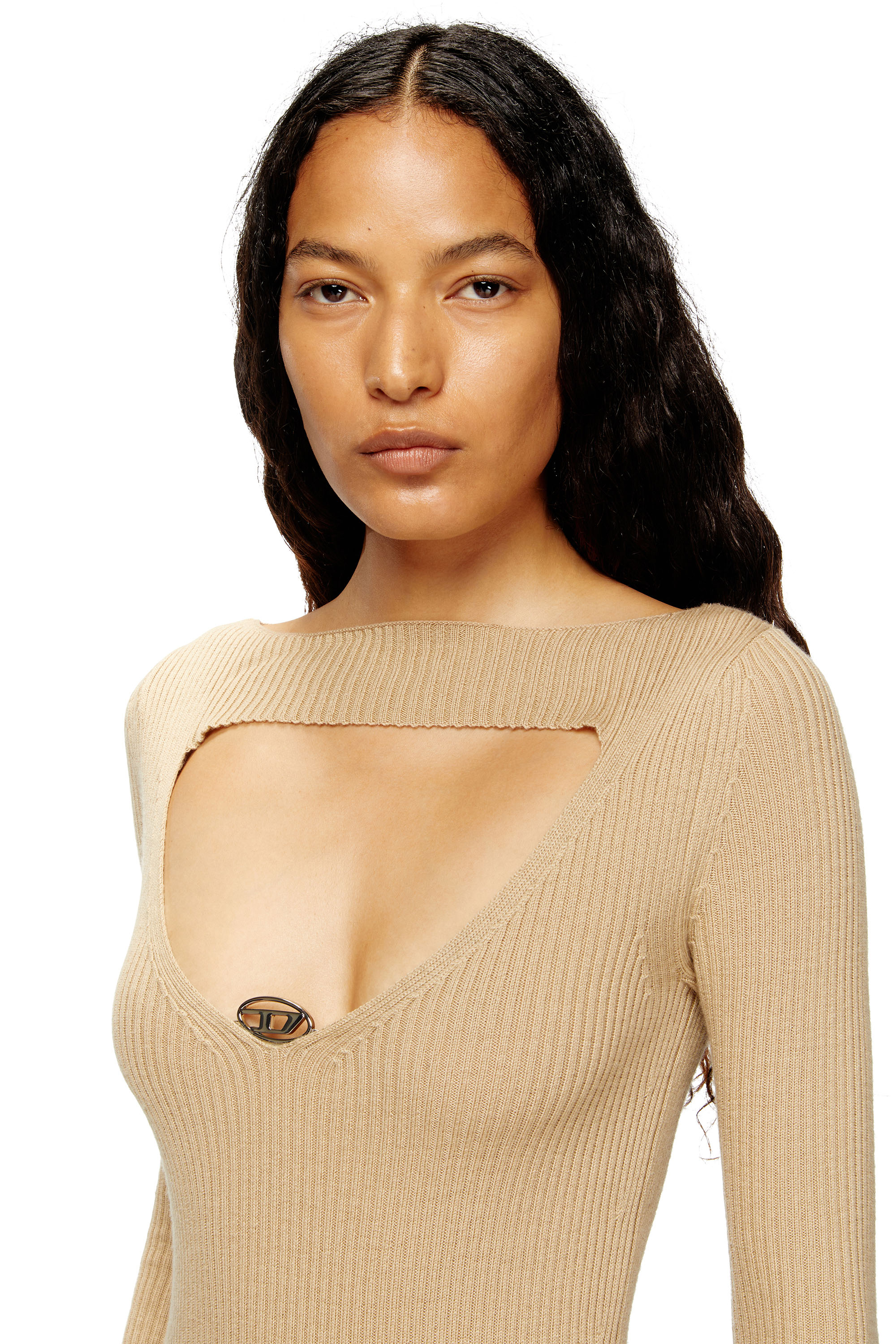 Diesel - M-OLONI, Damen Midikleid aus Wolle mit Intarsienmuster in Beige - 5