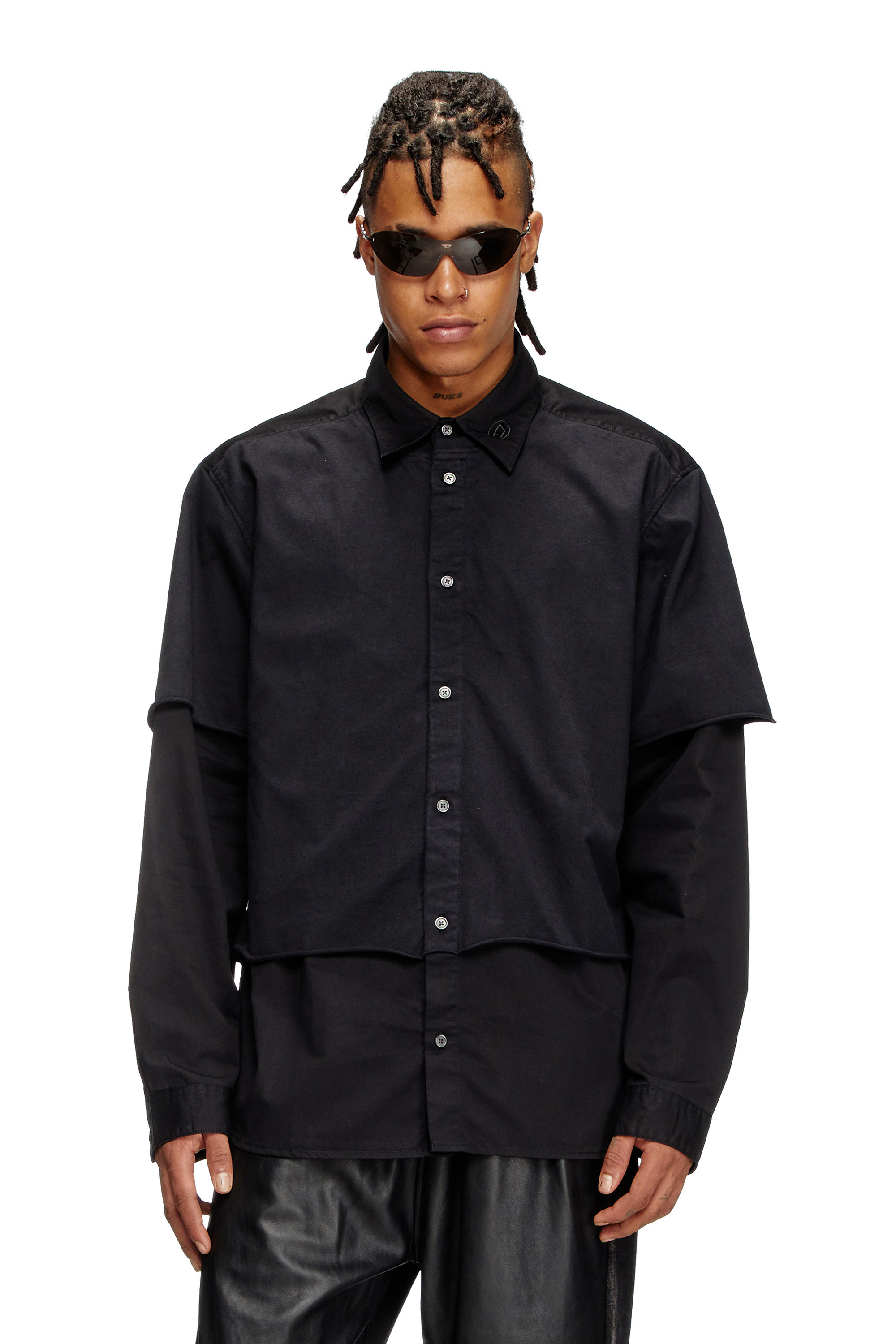 Diesel - S-GASTON-O, Herren Mehrlagiges Shirt aus Twill und Jersey in Schwarz - 1