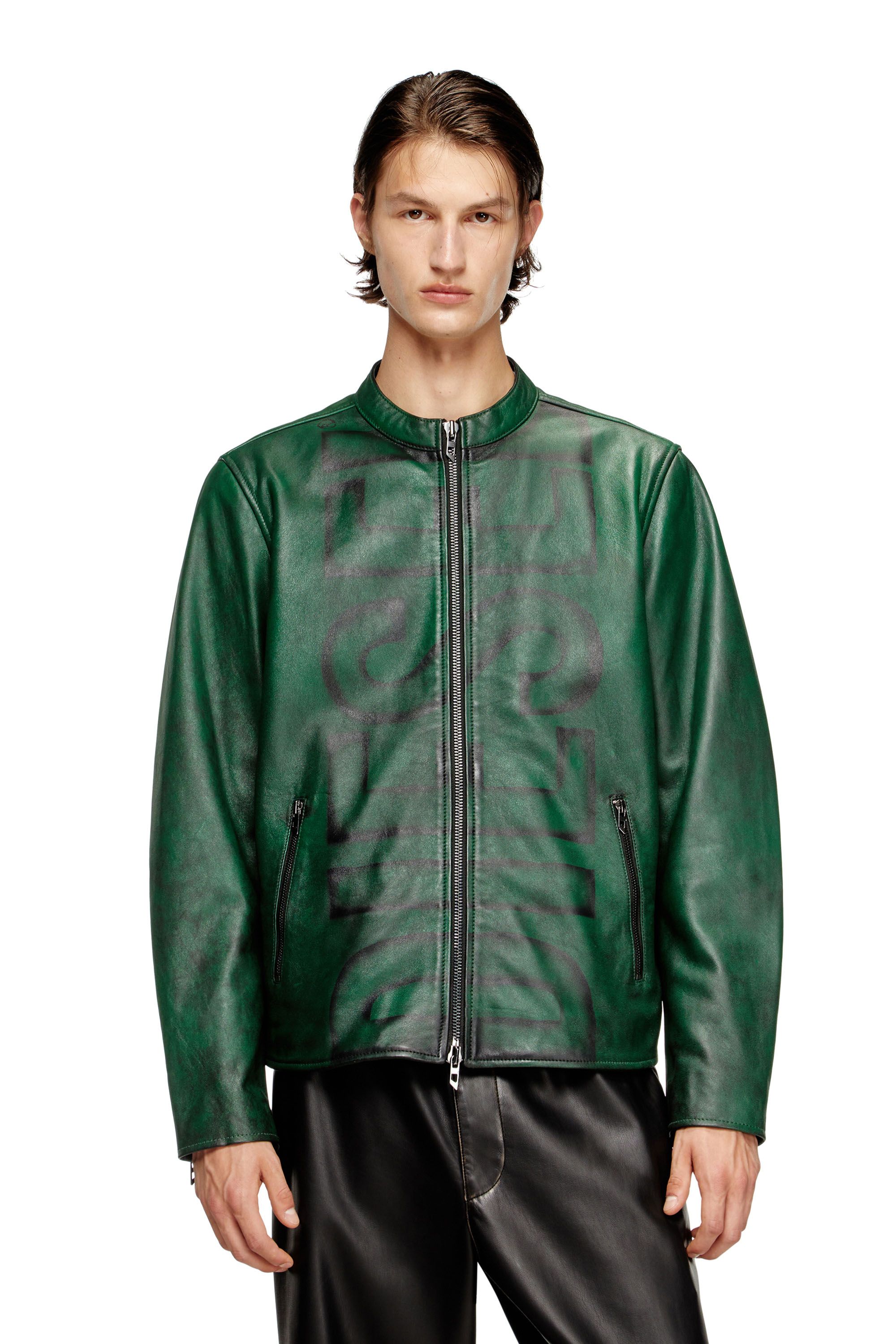 Diesel - L-EVERT-A, Herren Behandelte Bikerjacke aus Leder mit verblasstem Logo in Grün - 1