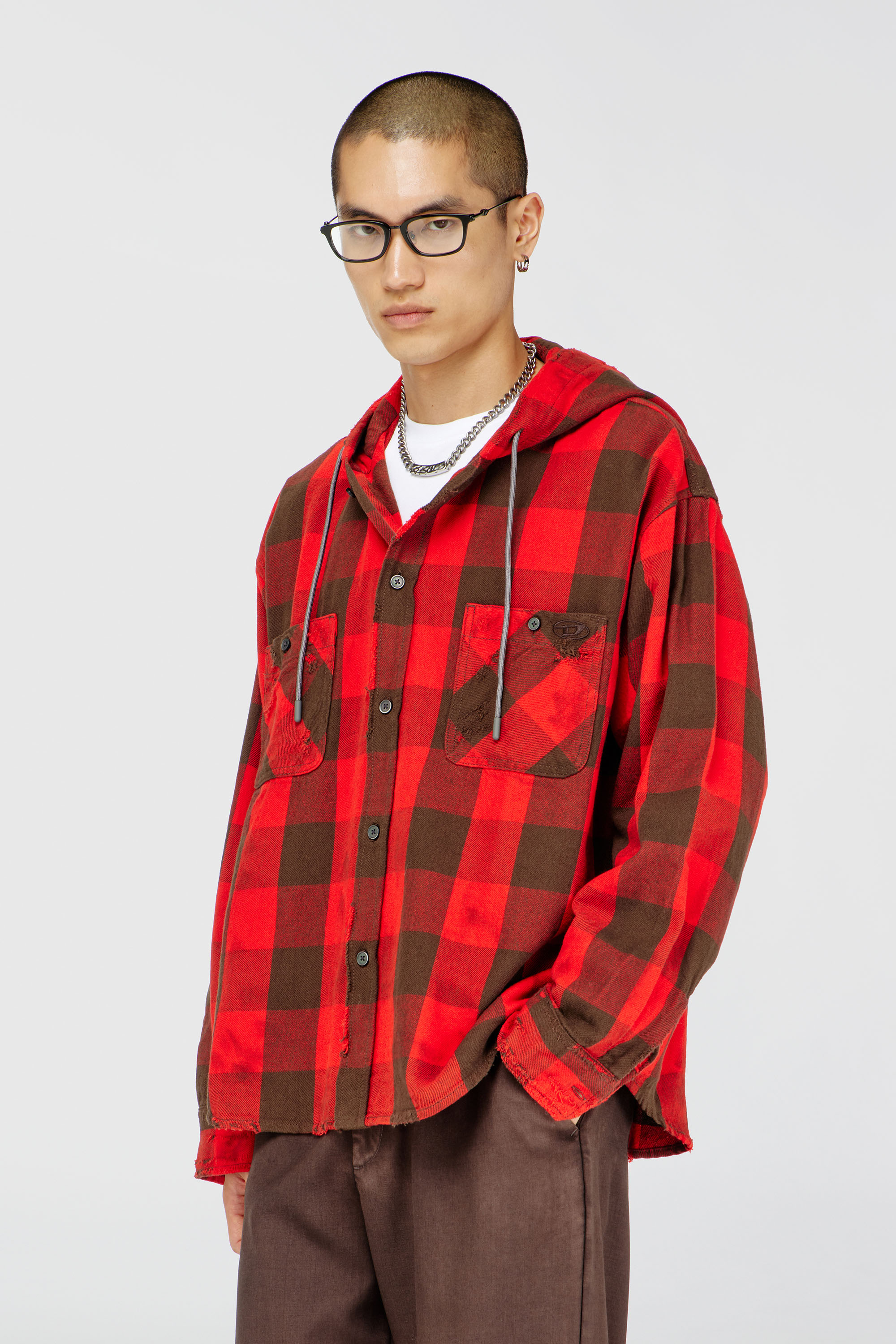 Diesel - S-DRUM-HOODY, Herren Kapuzenshirt aus distressed kariertem Flanell in Braun/Rot - 1