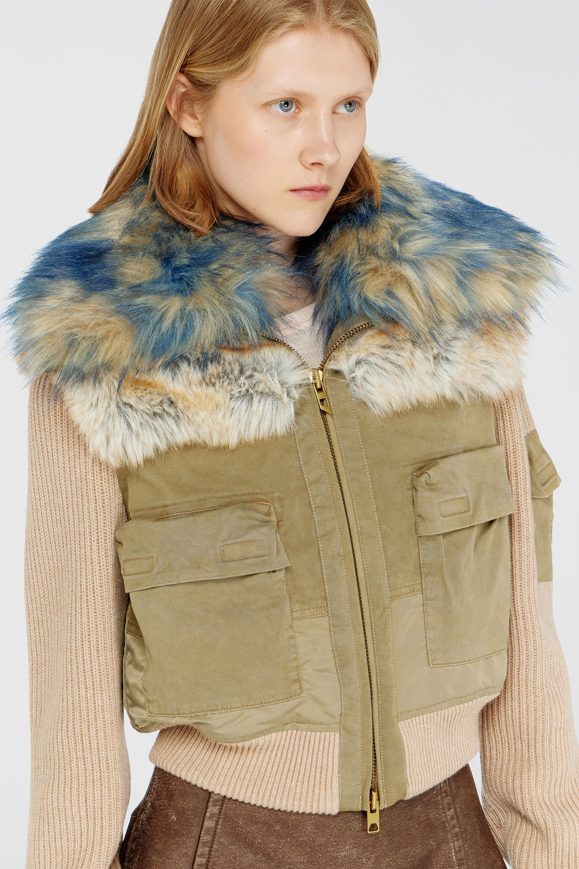 Diesel - G-USTAV, Damen Bomberjacke mit Rippstrick- und Pl&uuml;schbesatz in Beige - 5