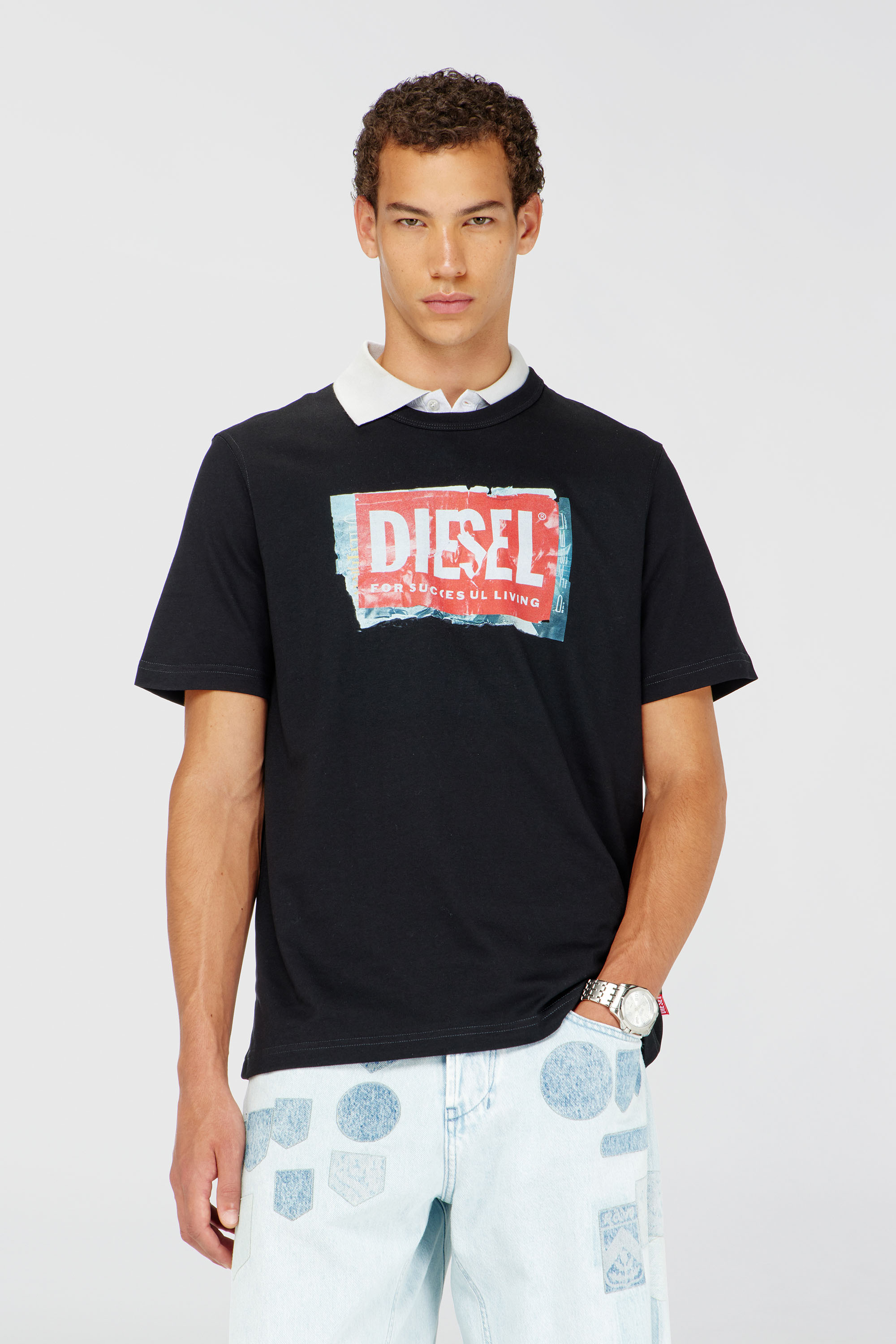 Diesel - T-ADJUST-Q6, Herren T-Shirt mit Logo in Knitter-Optik in Schwarz - 1
