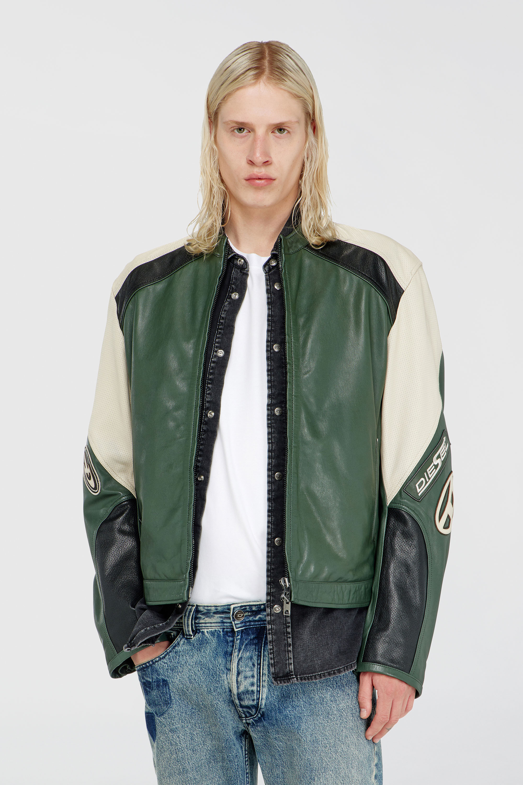 Diesel - L-AHTI, Herren Bikerjacke aus perforiertem Colour-Block-Leder in Beige/Schwarz - 1