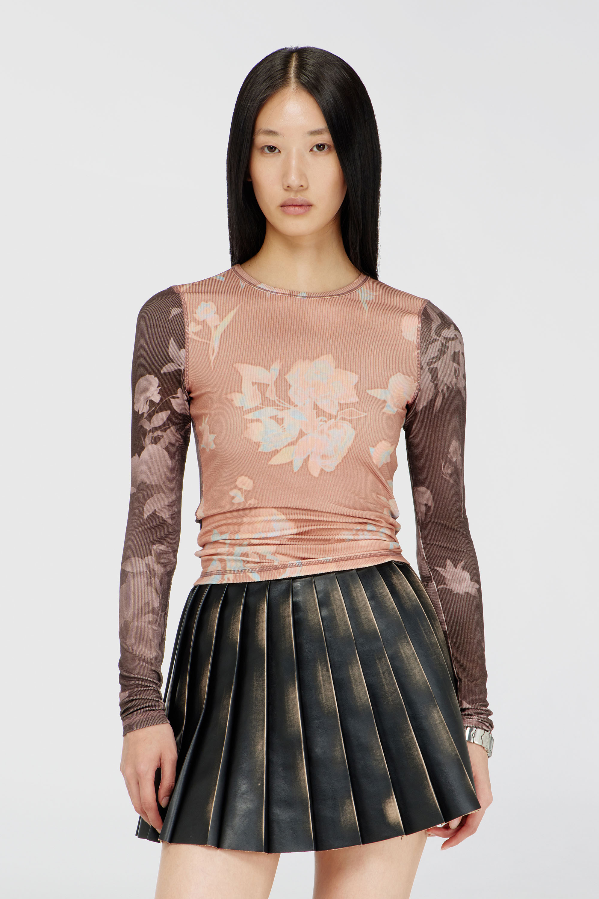 Diesel - T-MOKY-LS, Damen Top aus geripptem Jersey mit Blumenprint in Rosa/Braun - 1