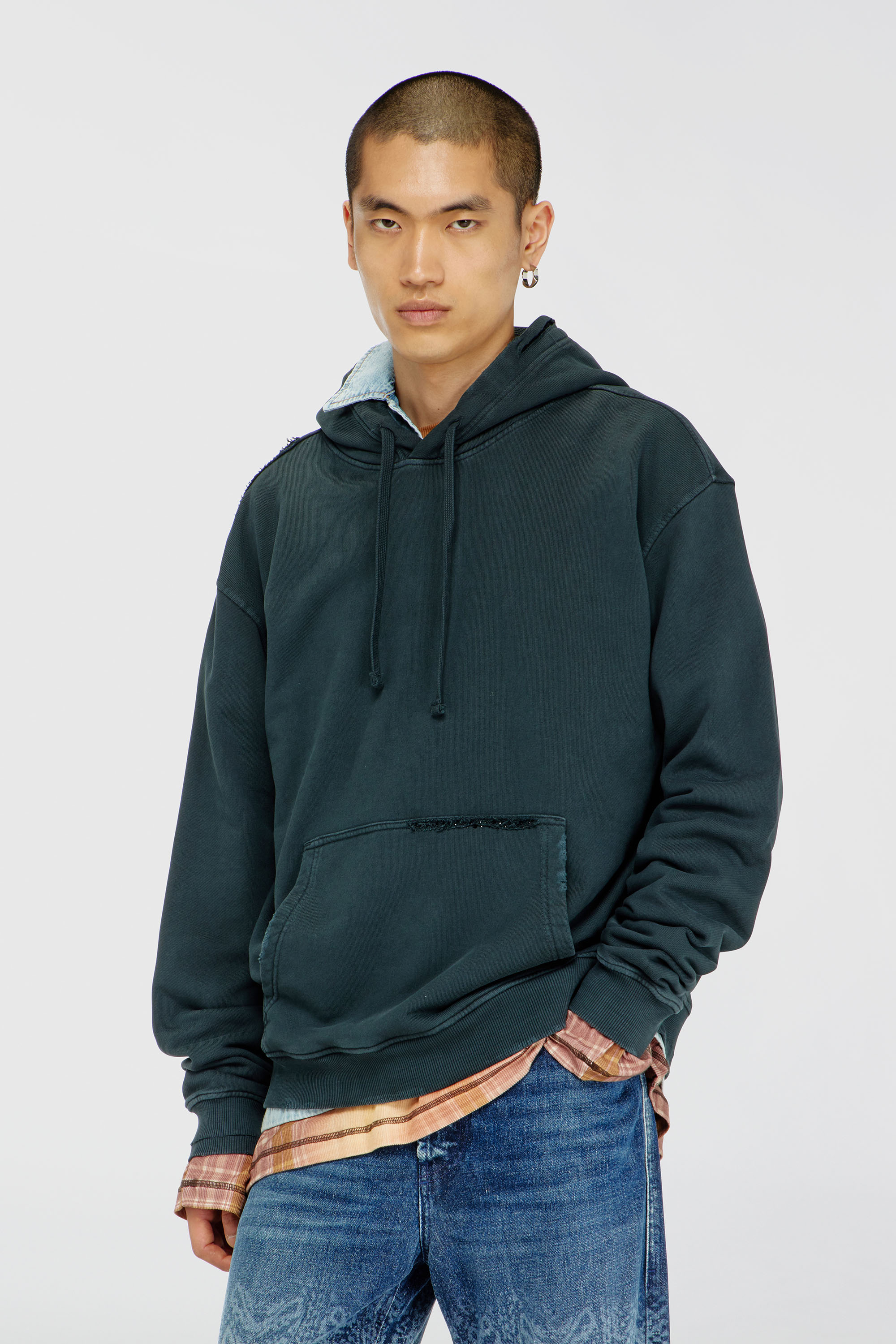 Diesel - S-NORM-HOOD-CRYSTALS, Herren Hoodie mit Rissen und Kristalldetails in Dunkelgr&uuml;n - 1
