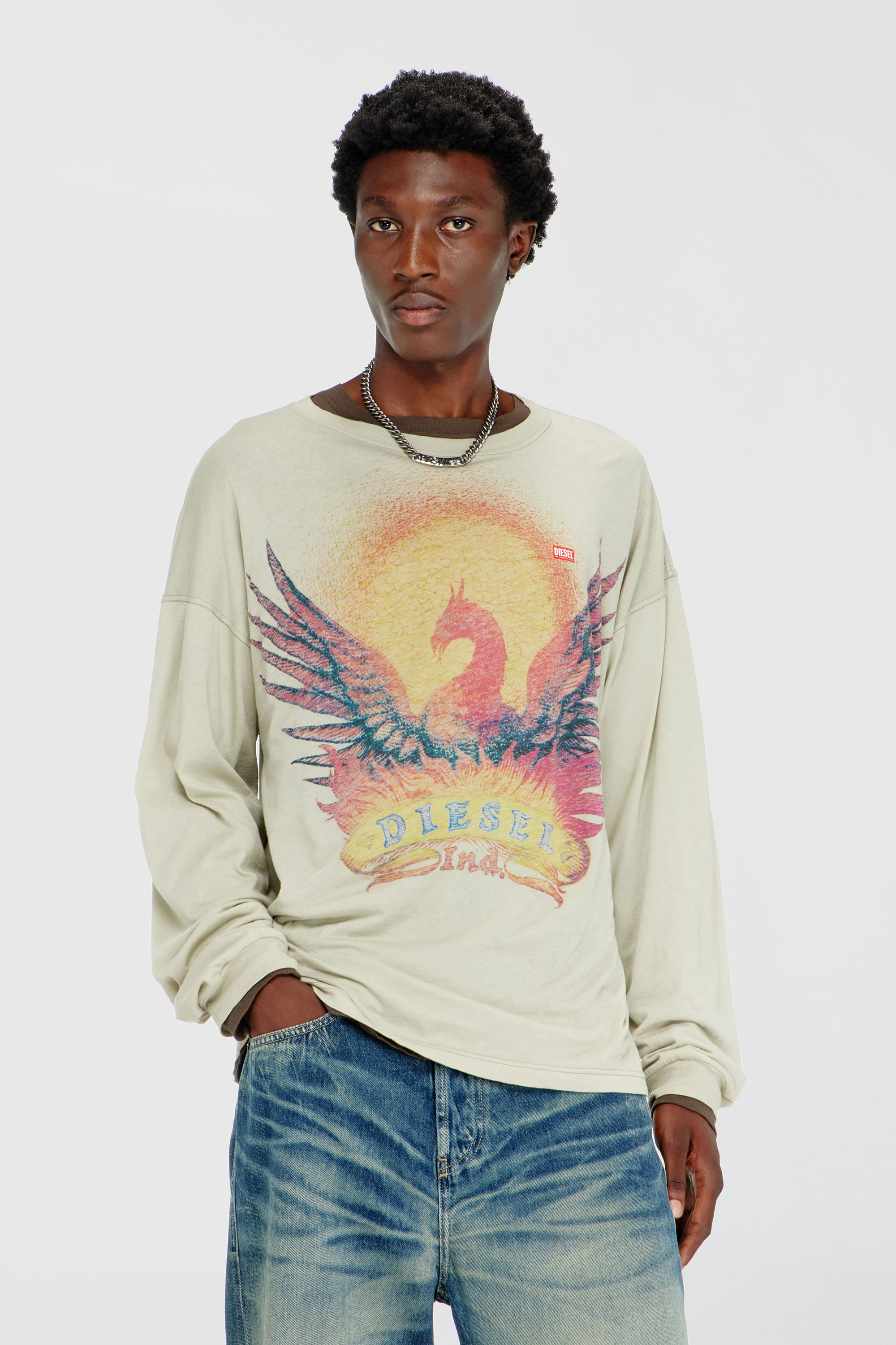Diesel - T-BOXT-LS-AA1, Herren Langarm-T-Shirt mit Phoenix-Motiv in Beige - 3