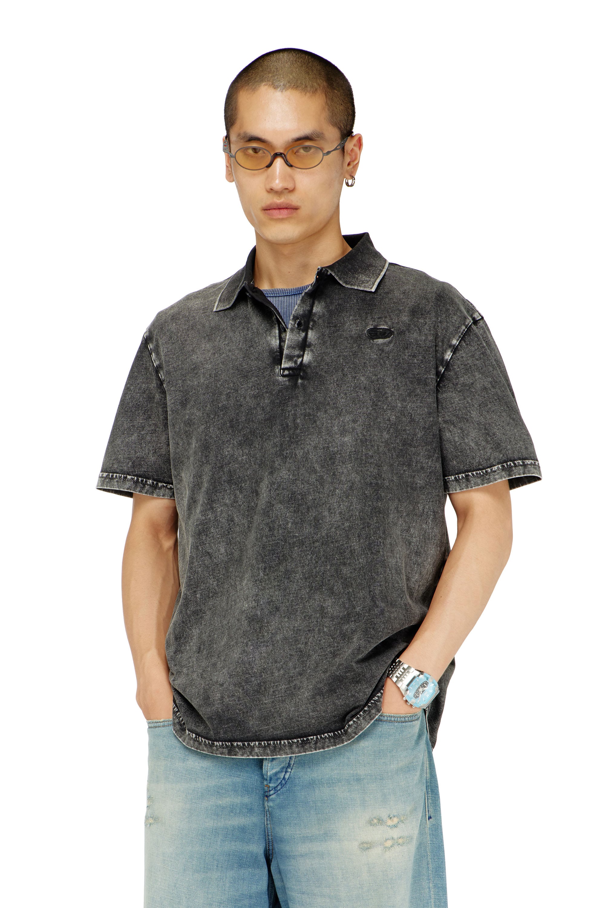 Diesel - T-REJUST-NC-DEN, Herren Polohemd aus Jersey mit Denim-Effekt in Dunkelgrau - 1