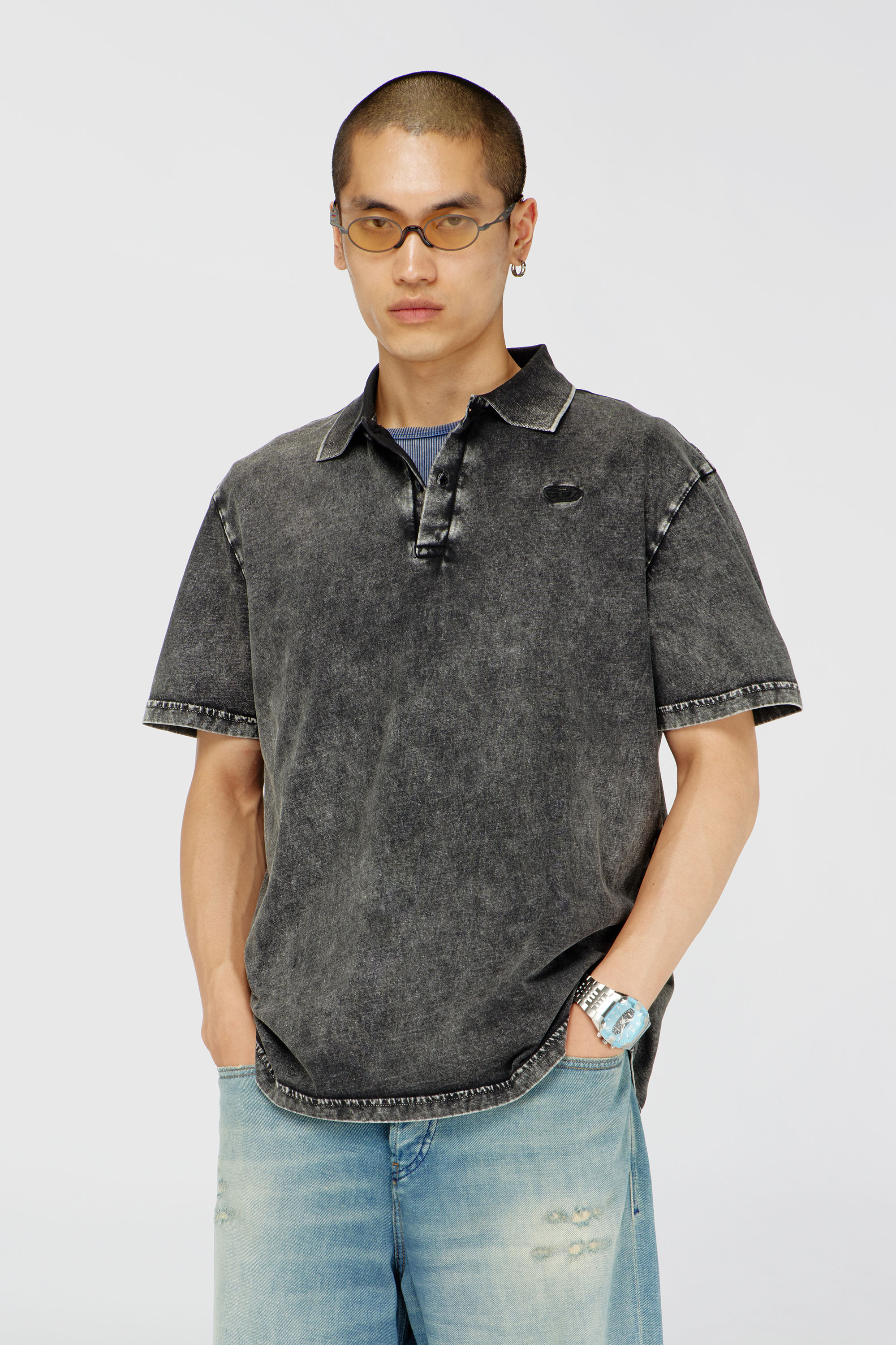 Diesel - T-REJUST-NC-DEN, Herren Polohemd aus Jersey mit Denim-Effekt in Dunkelgrau - 3