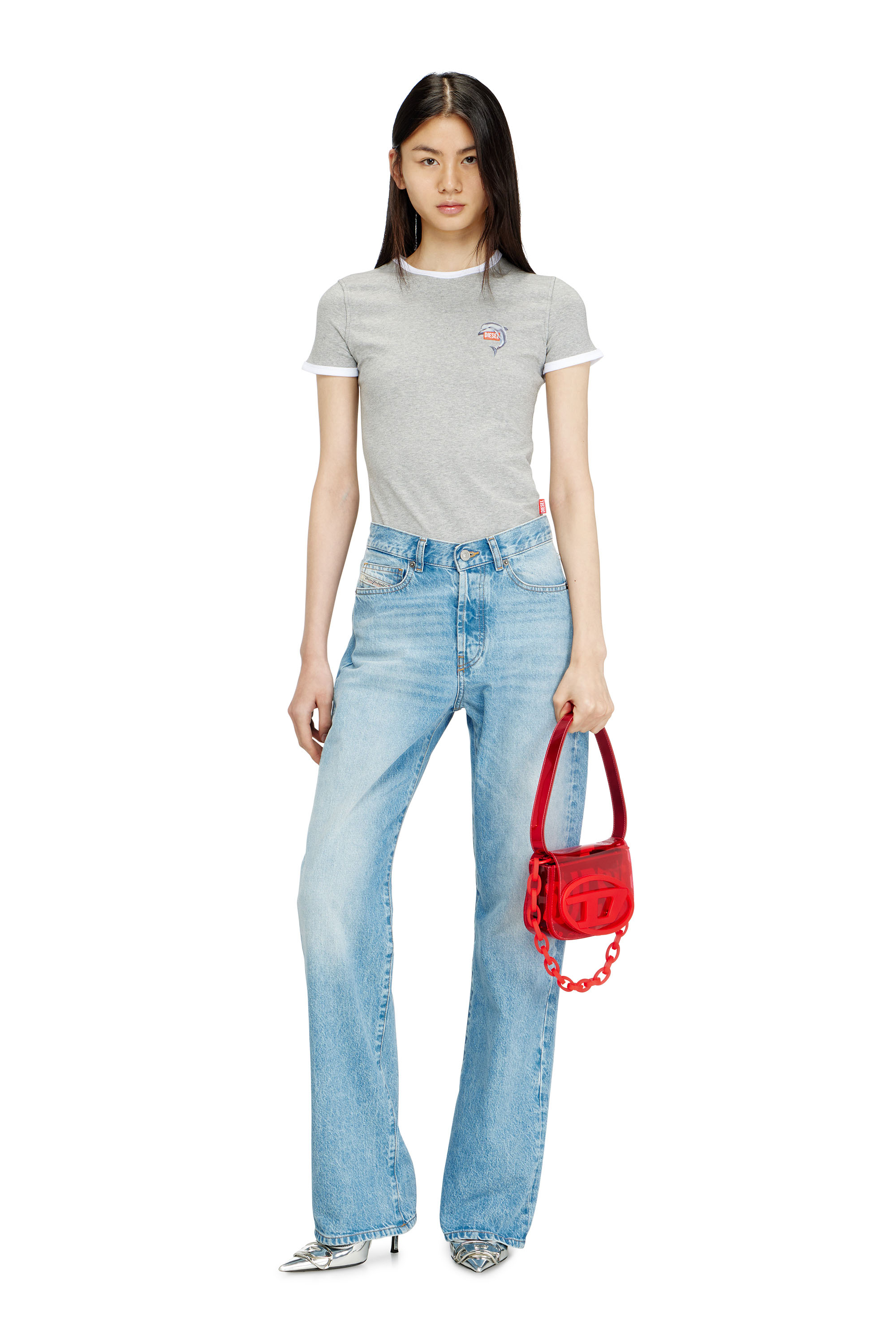 Diesel - T-UNCUTIES-LONG-S13, Damen Schmal geschnittenes T-Shirt mit Delfin-Print in Grau - 2