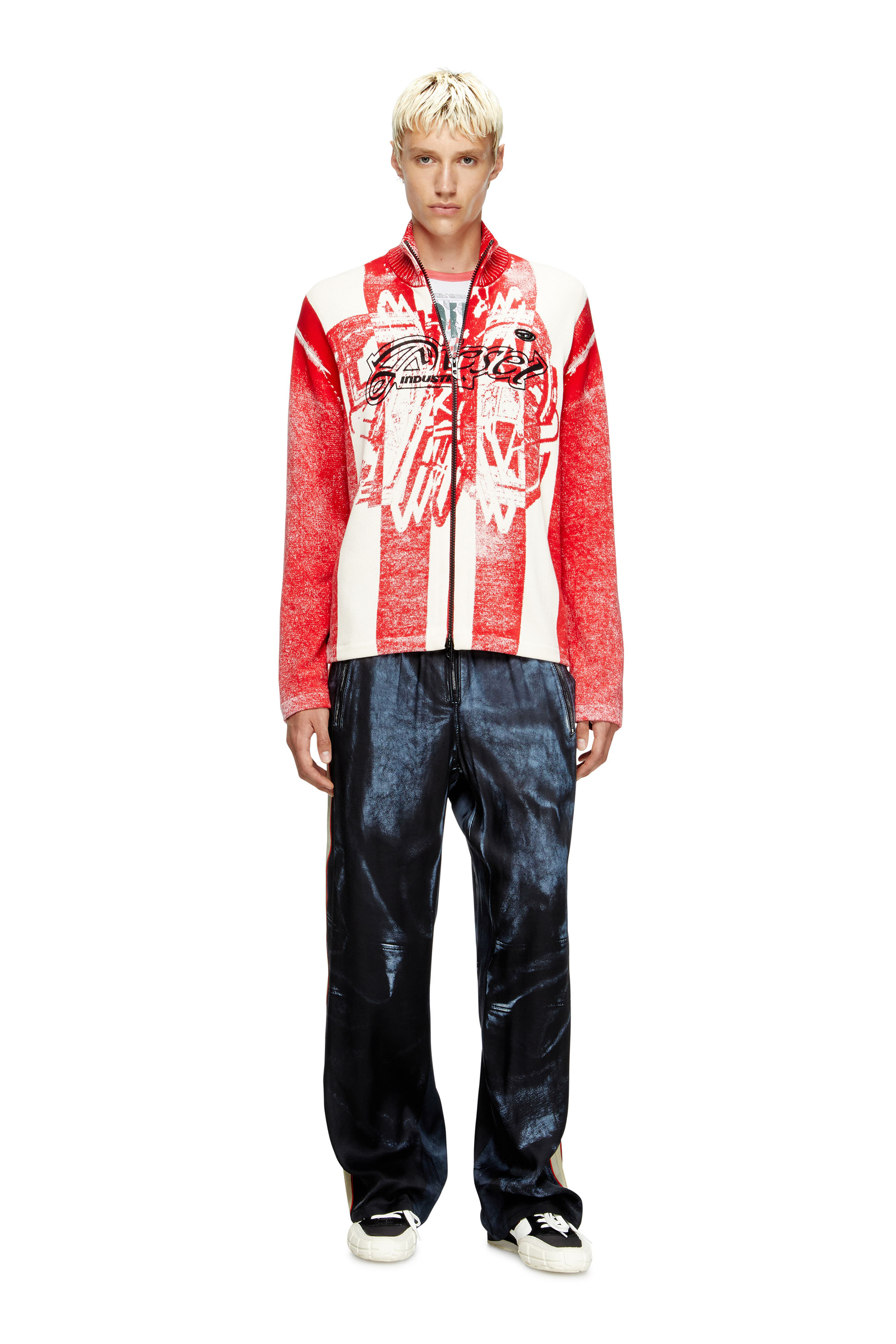 Diesel - K-OLIBA-JKT, Herren Gestreifter Reißverschluss-Cardigan mit Innen-Print in Rot/Weiss - 2