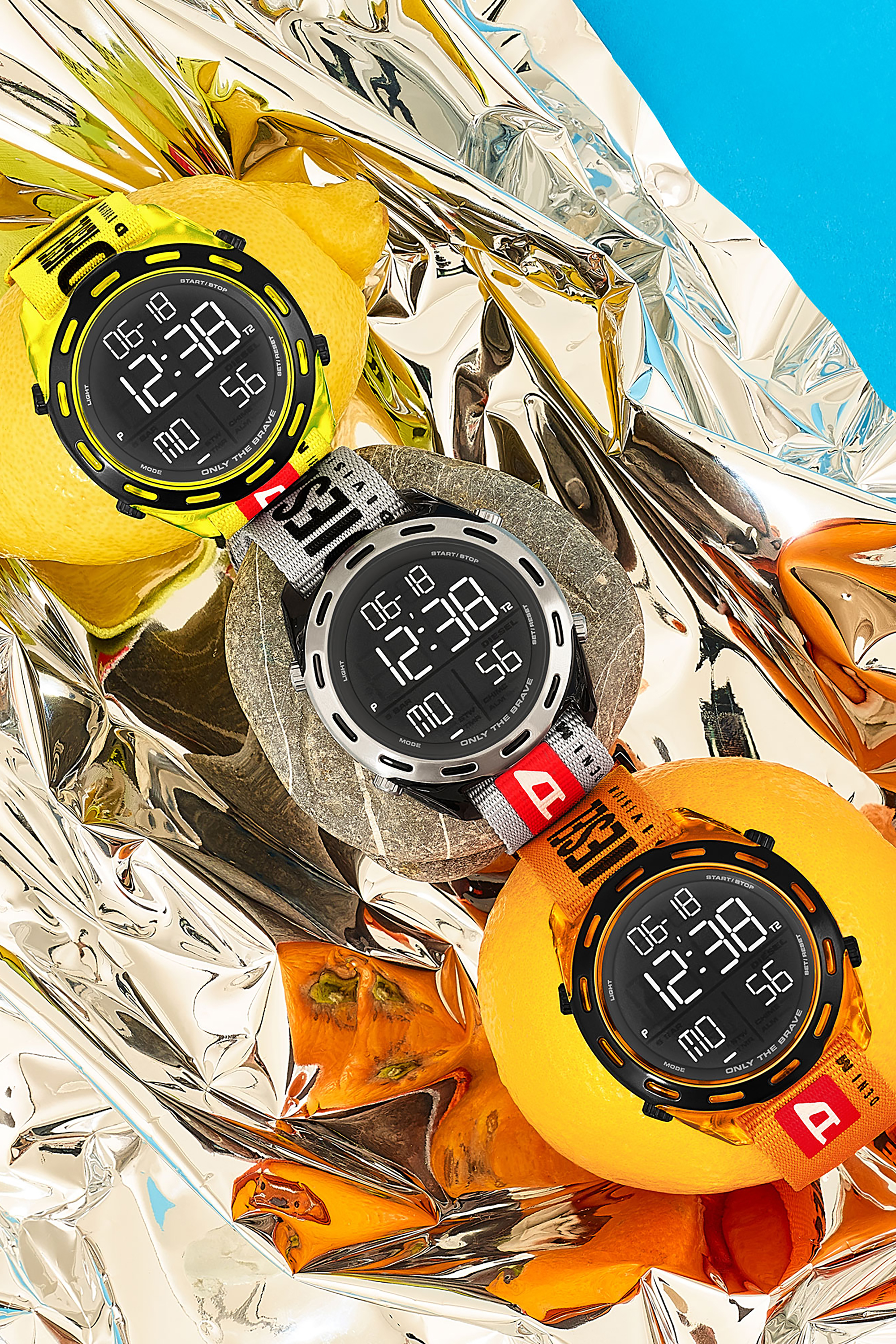 Diesel - DZ1896, Herren Crusher Armbanduhr mit digitalem Ziffernblatt und orangefarbenem Nylonarmband in Neonorange - 3