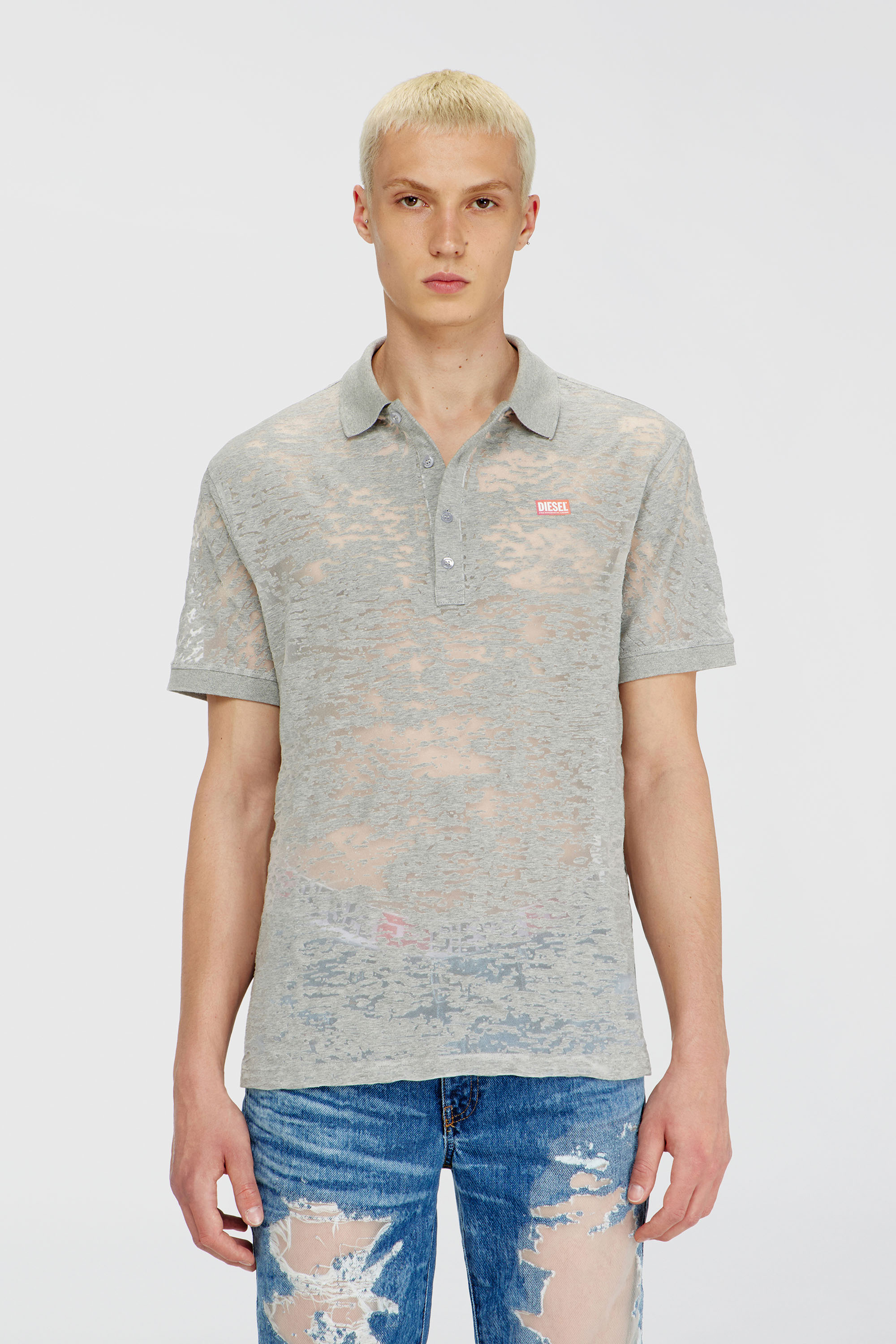 Diesel - PR-T-REJUST, Herren Poloshirt aus all-over devor&eacute;-Jersey in Hellgrau - 2
