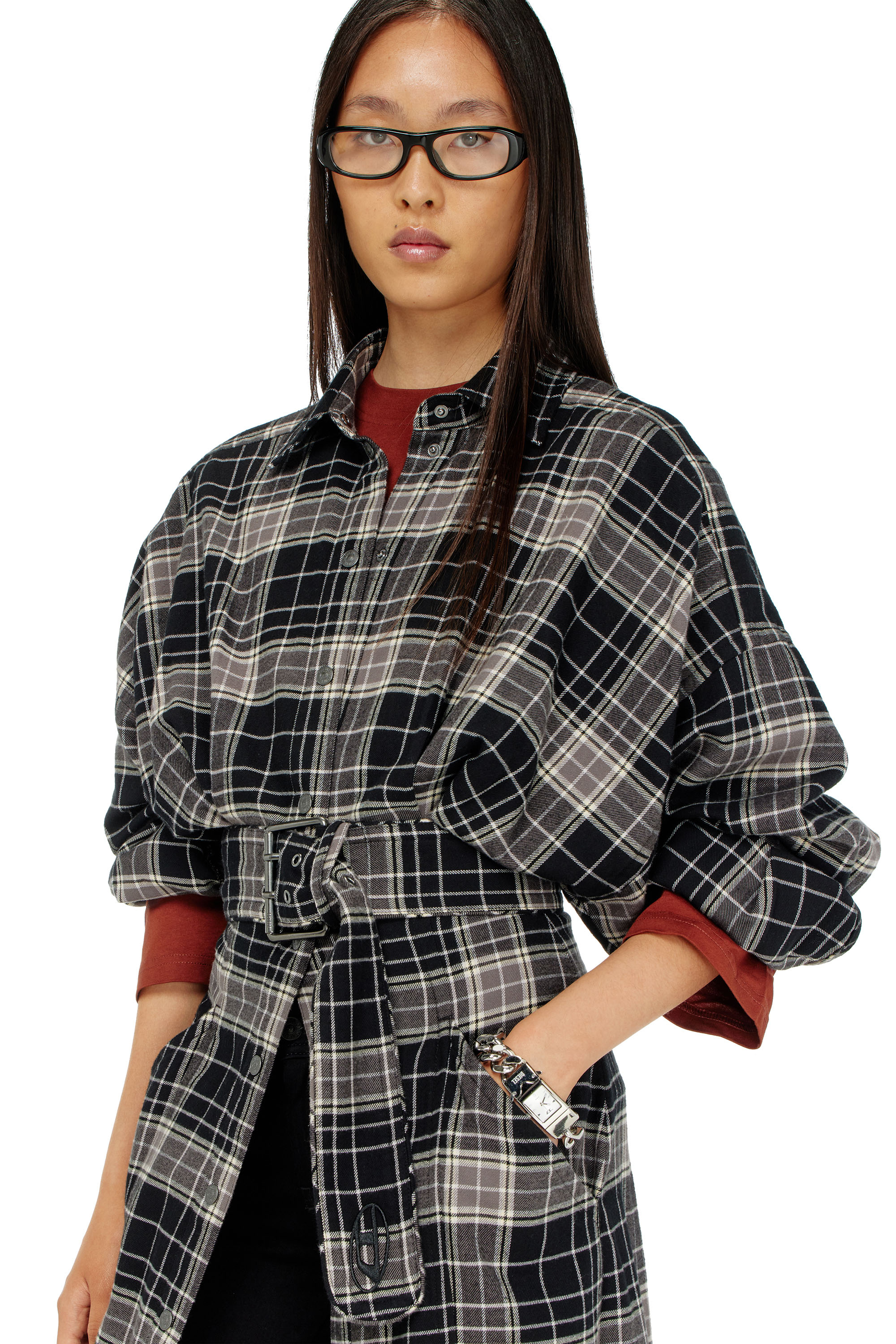 Diesel - D-EDALUS, Damen Midikleid aus kariertem Flanell mit breitem G&uuml;rtel in Grau/Schwarz - 4