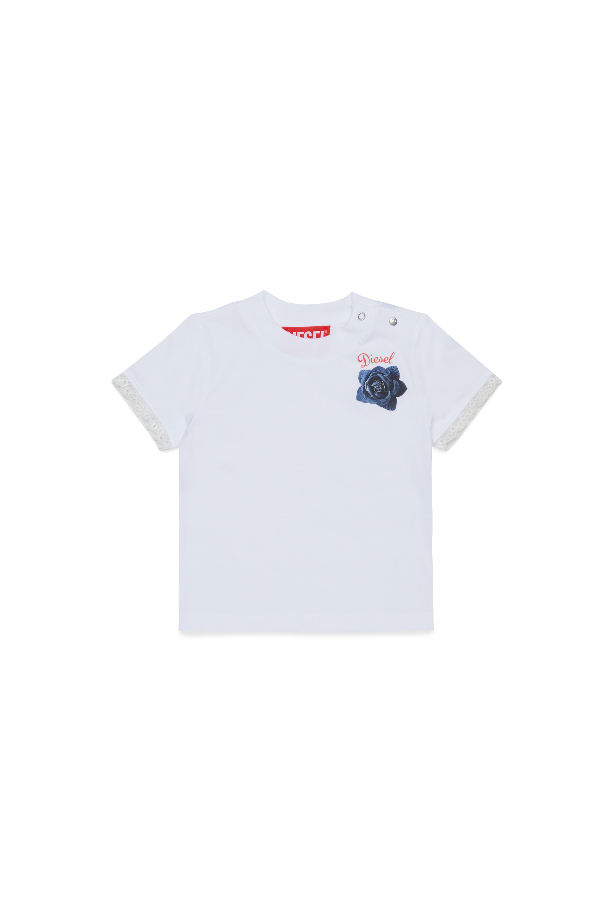 Diesel - TROSEZB, Damen T-Shirt mit Spitzenbesatz und Rosenprint in Wei&szlig; - 1