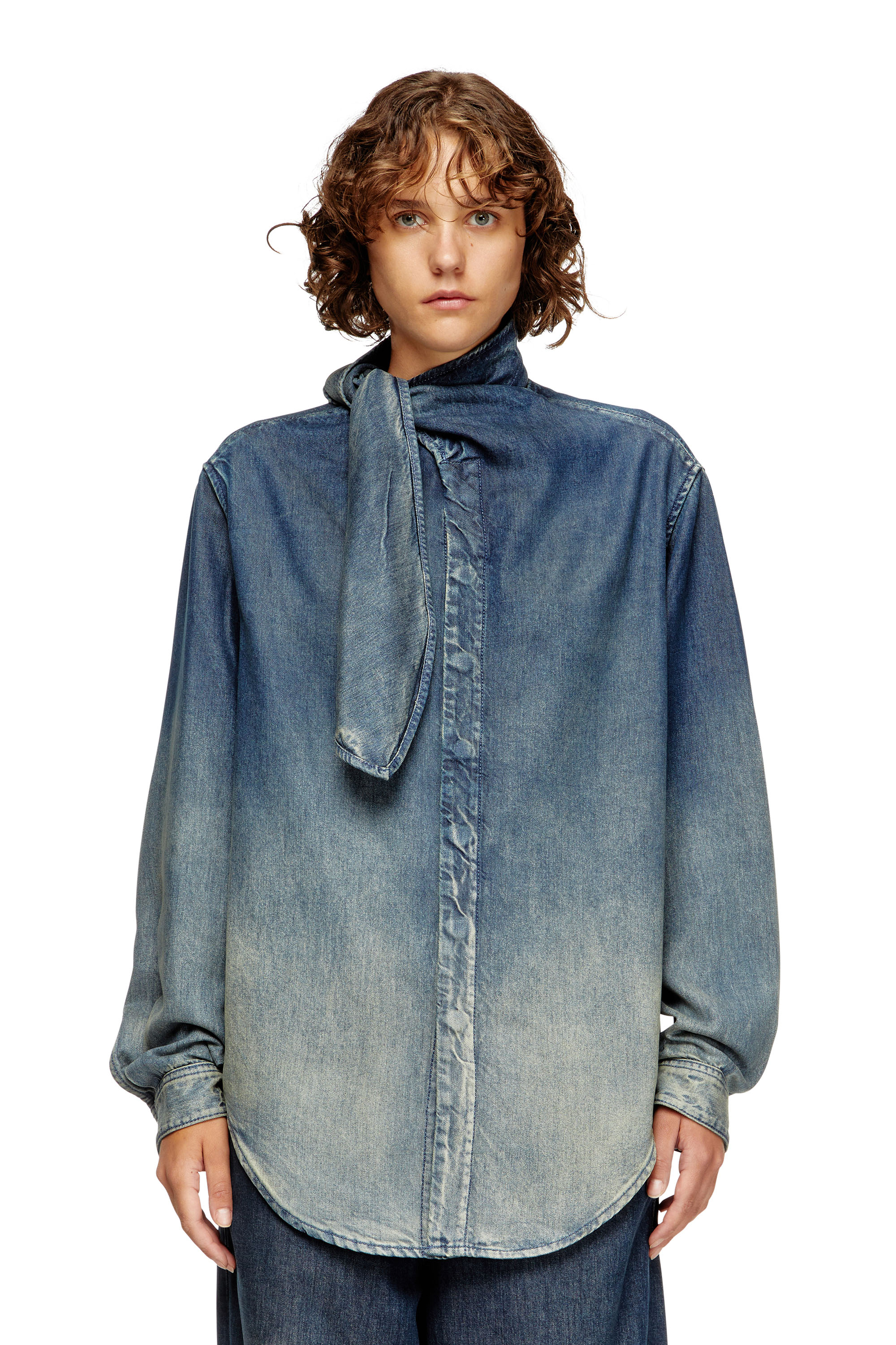 Diesel - DE-NANCY-S, Damen Bluse aus fließendem Denim mit vielgetragenem Laser-Effekt in Mittelblau - 1