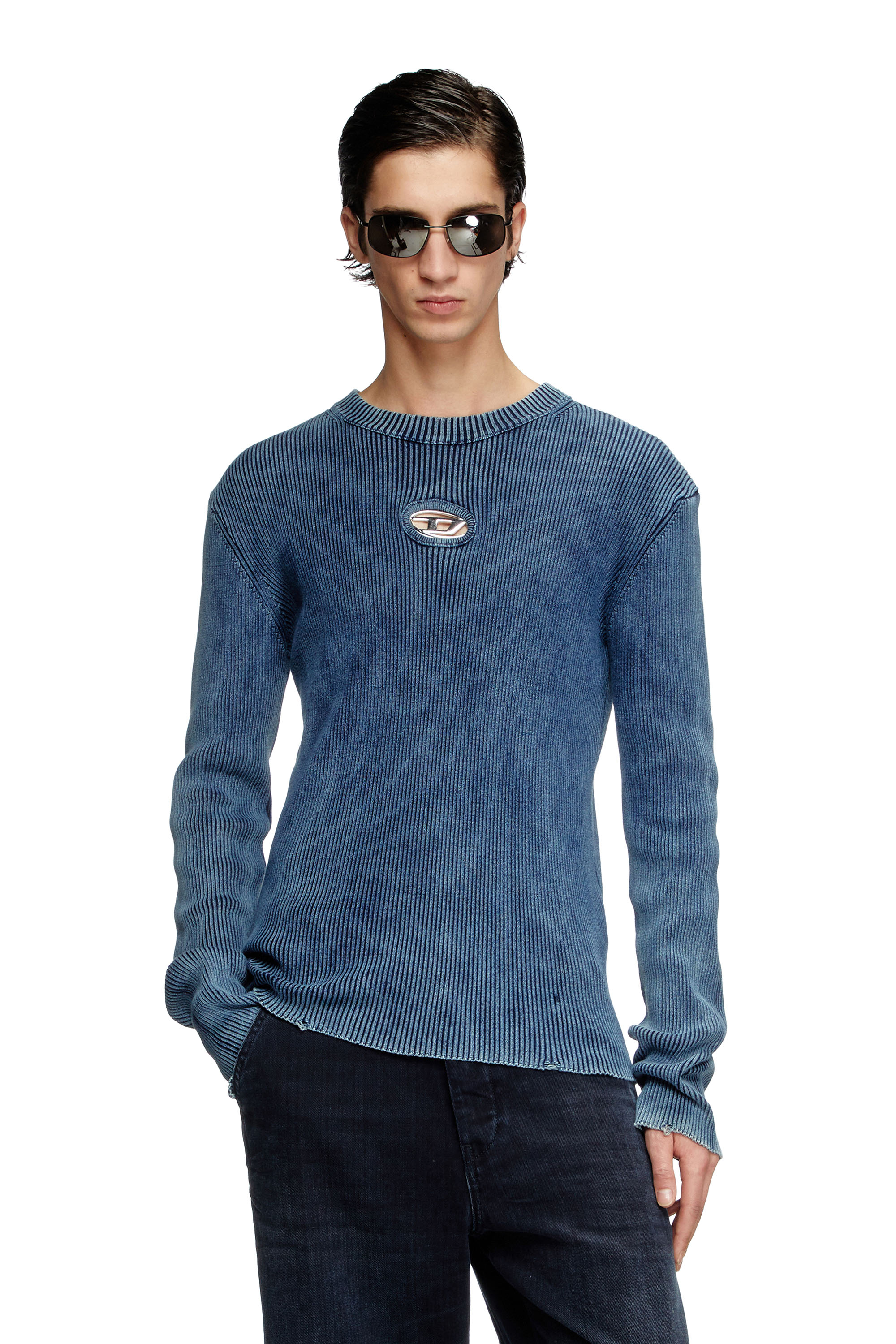 Diesel - K-DARIN-D, Herren Distressed jumper with cut-out logo in Blau - 1