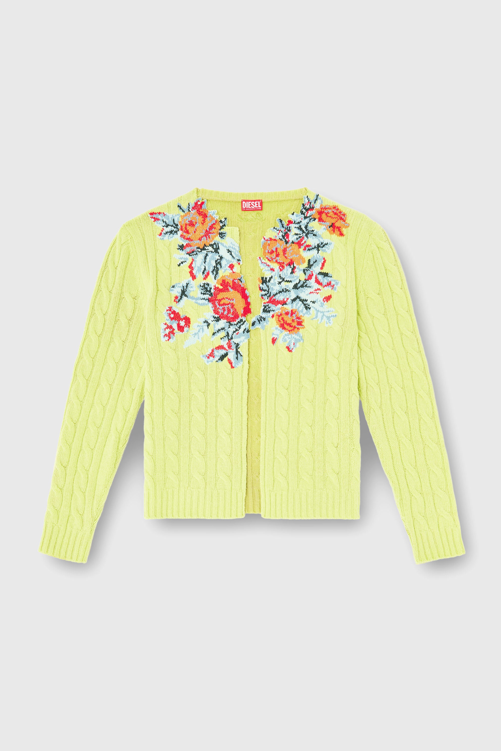 Diesel - K-RINO, Herren Offener Cardigan aus floraler Zopfmusterstrick in Neongelb - 1