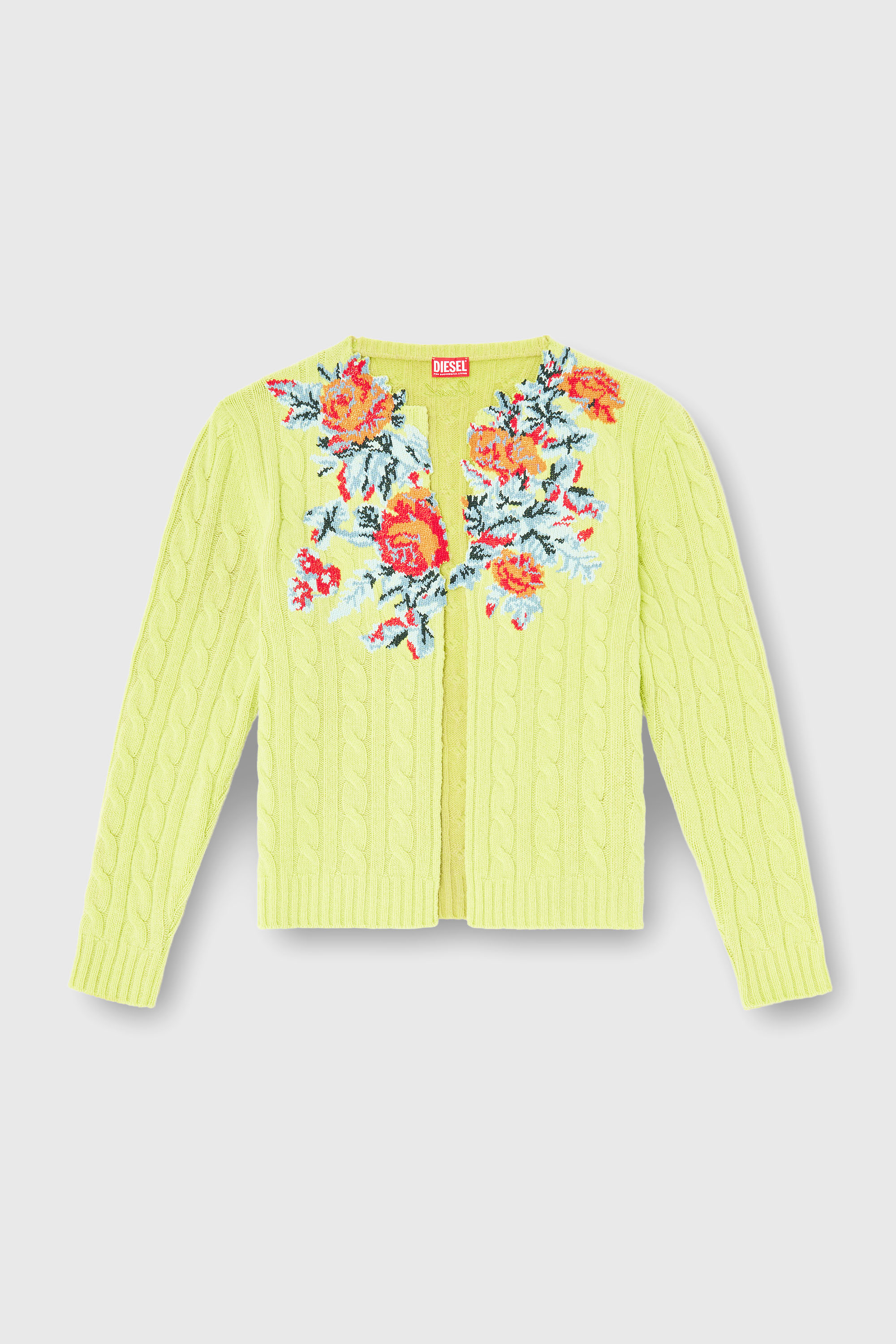 Diesel - K-RINO, Herren Offener Cardigan aus floraler Zopfmusterstrick in Neongelb - 2