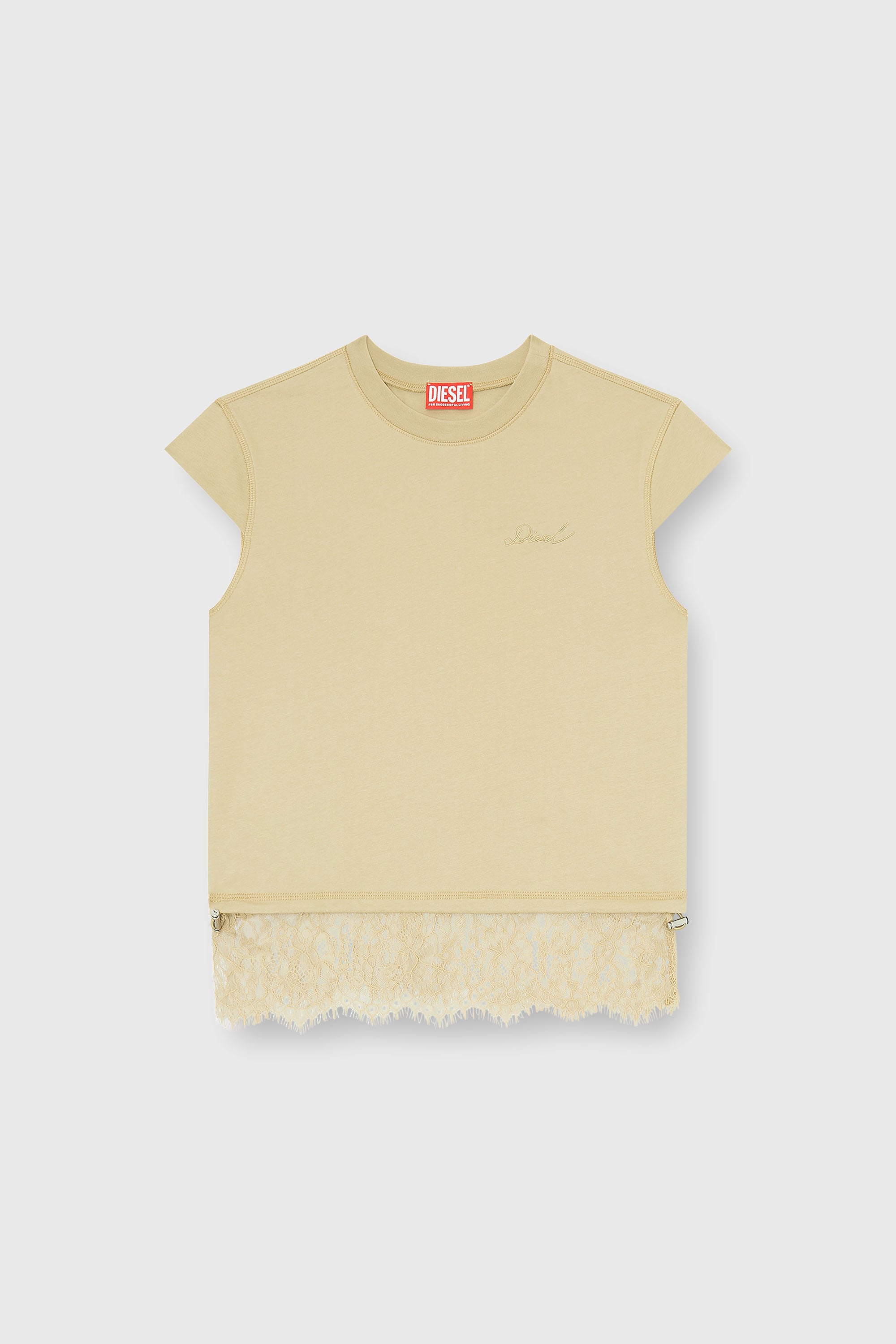 Diesel - T-LUNA, Damen Jersey-Top mit Spitzenbesatz am Saum in Beige - 2