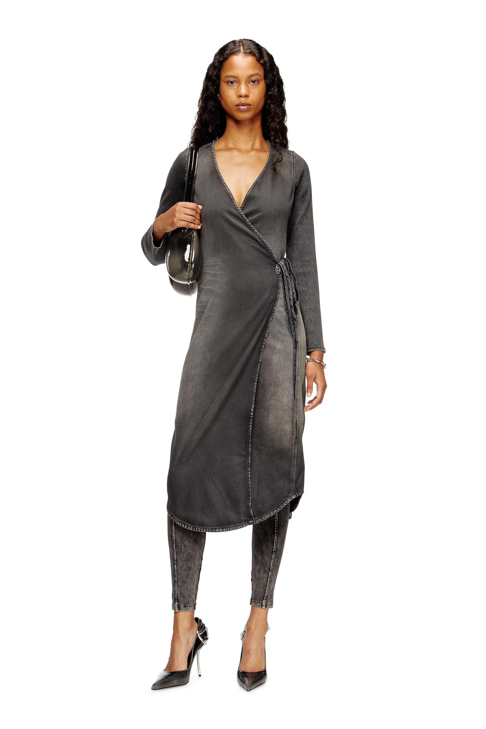 Diesel - DE-OLA-S, Damen Midikleid aus Denim mit V-Ausschnitt in Schwarz/Dunkelgrau - 1